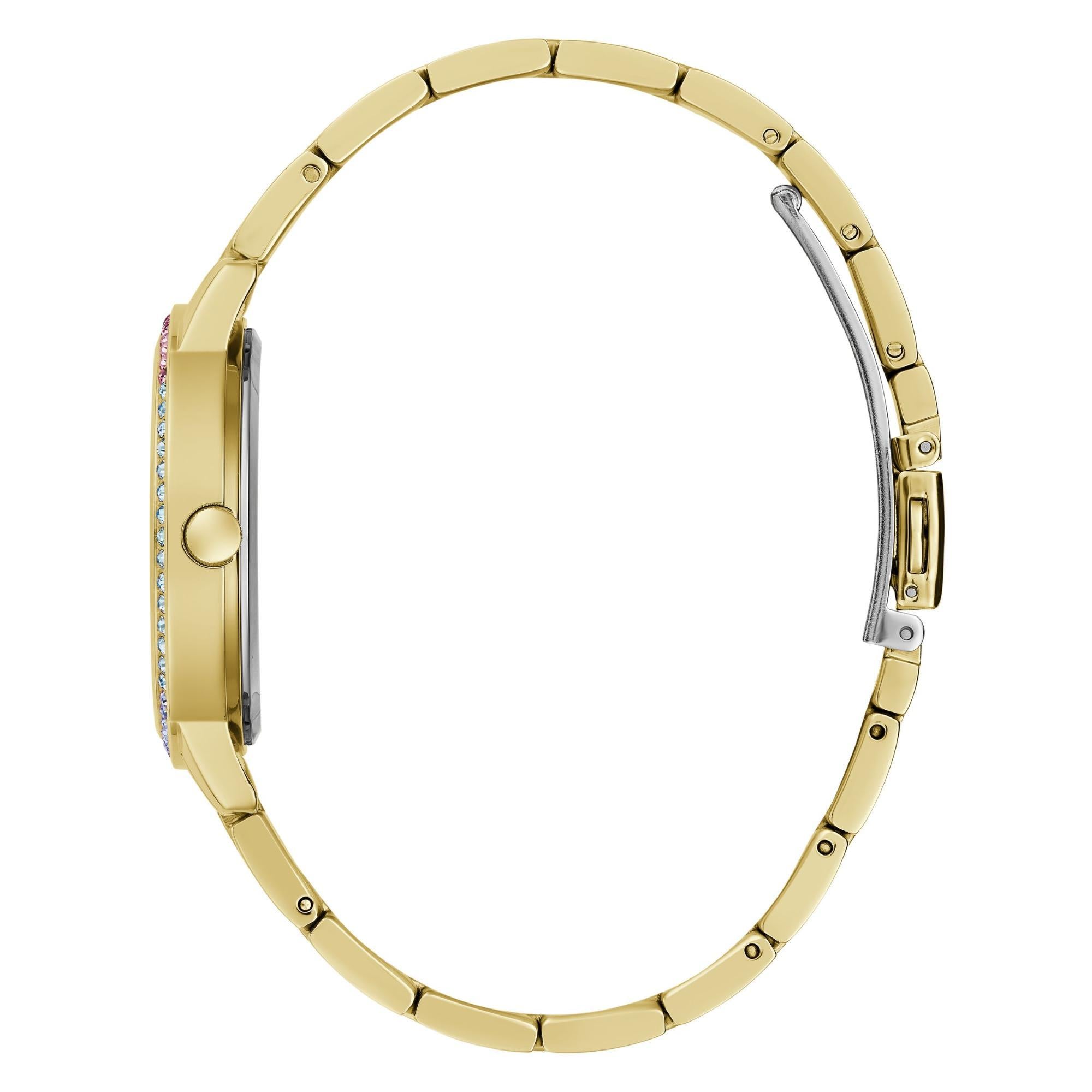 GUESS Damenarmbanduhr mit goldfarbener Lünette, Datum, Edelstahl, weißes Zifferblatt GW0657L21