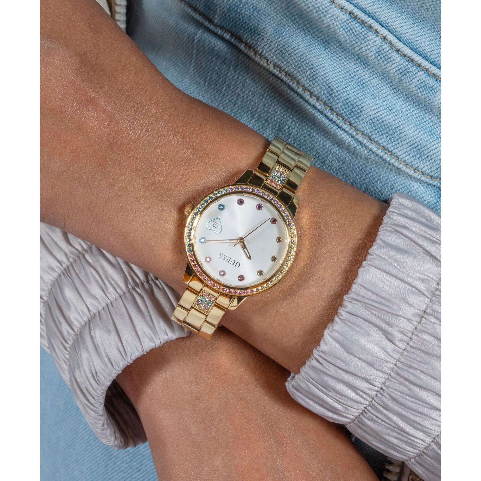 GUESS Damenarmbanduhr mit goldfarbener Lünette, Datum, Edelstahl, weißes Zifferblatt GW0657L21