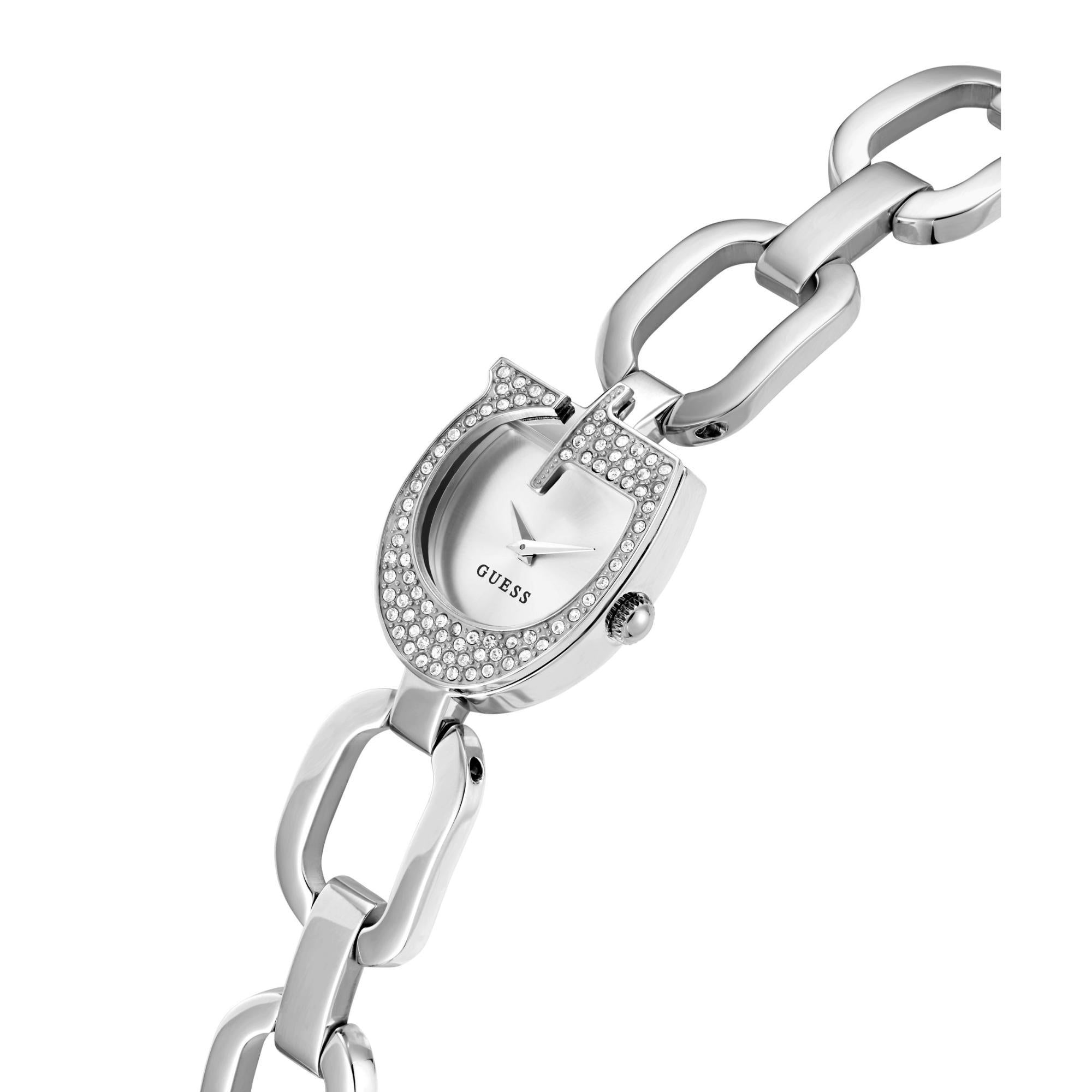 GUESS Damenarmbanduhr mit silbernem Zifferblatt, analog, mit Kristallakzenten GW0683L1