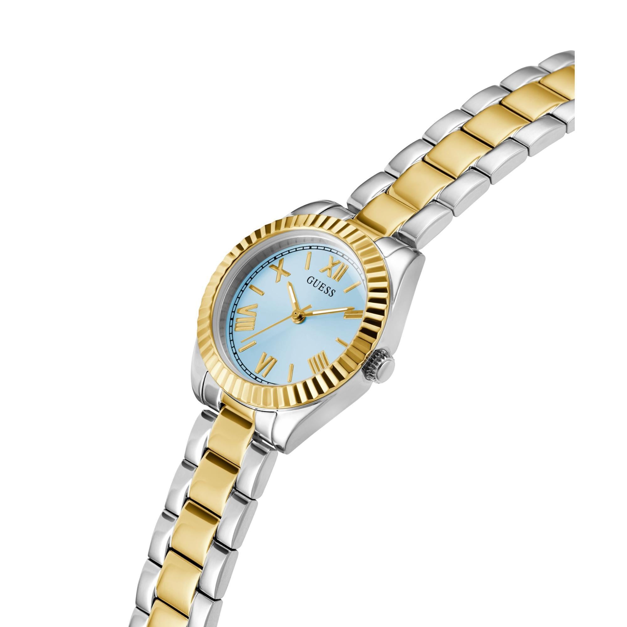 GUESS Damenarmbanduhr 2-Tone, analog, blaues Zifferblatt, mit Kristallakzenten GW0687L4