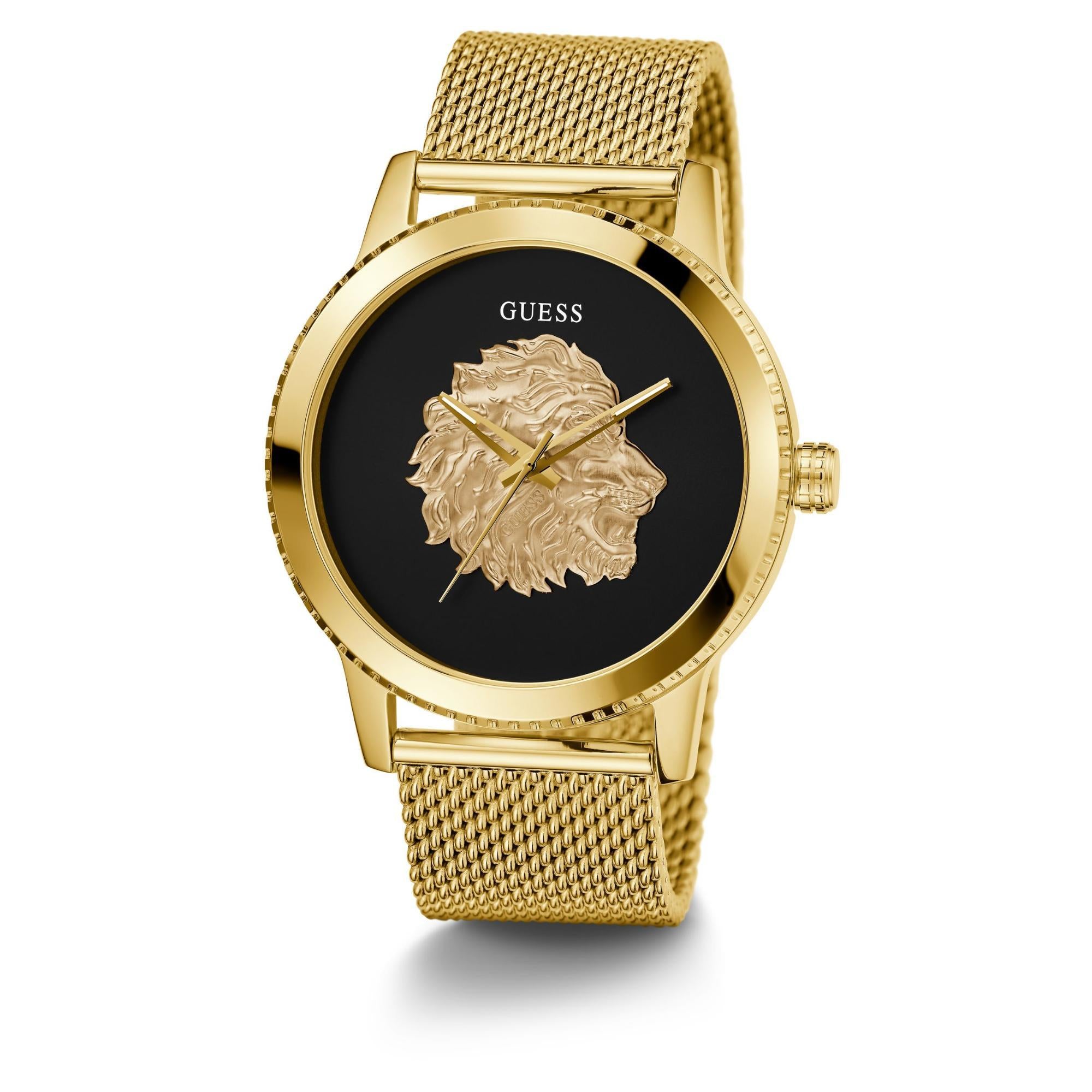 GUESS Herrenarmbanduhr mit goldfarbener Lünette, analog, schwarzes Zifferblatt GW0702G1