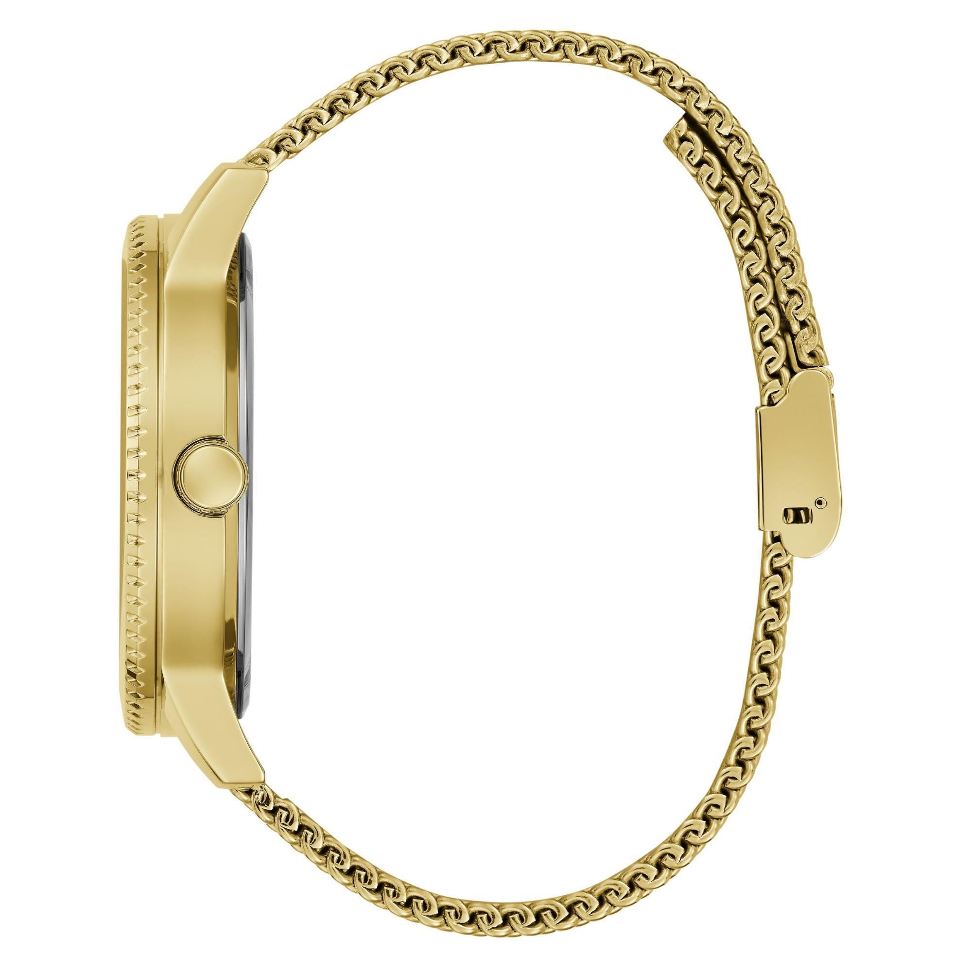GUESS Herrenarmbanduhr mit goldfarbener Lünette, analog, schwarzes Zifferblatt GW0702G1