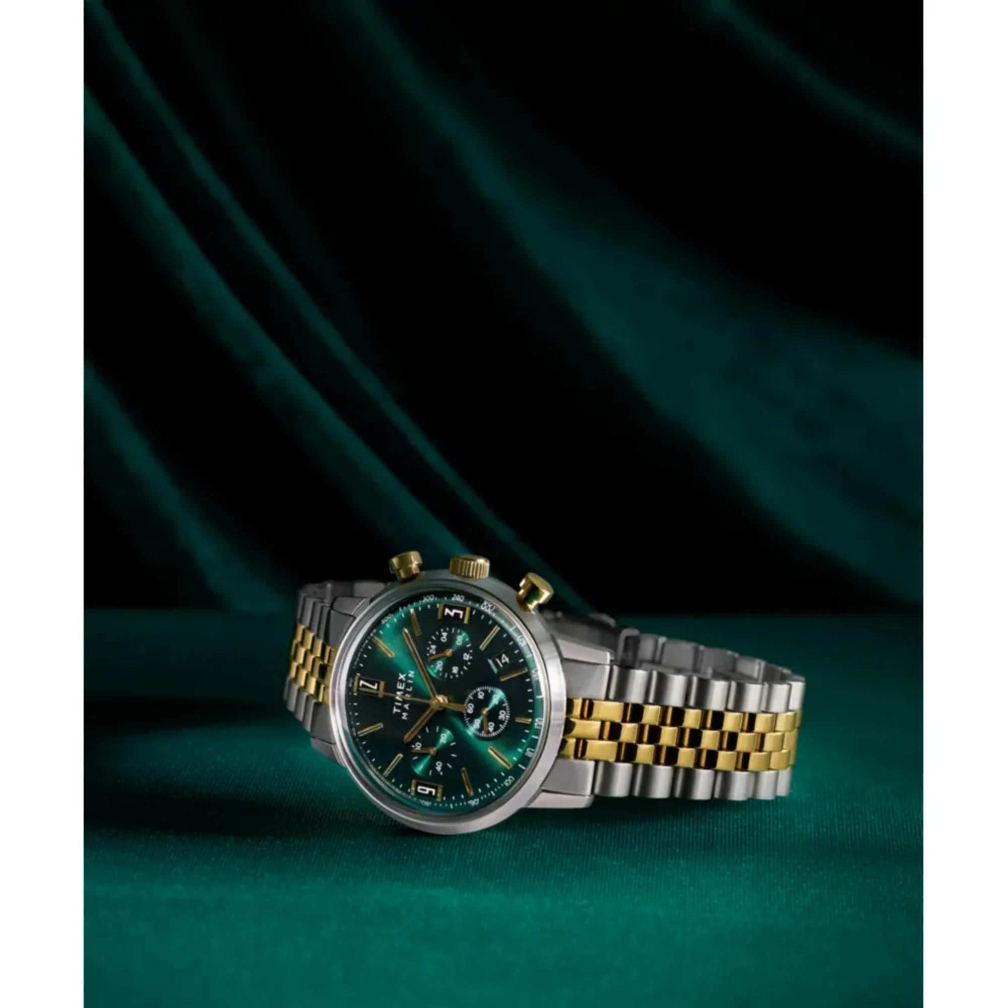 Timex Marlin 40mm Chronograph green dial two-tone watch angled display view