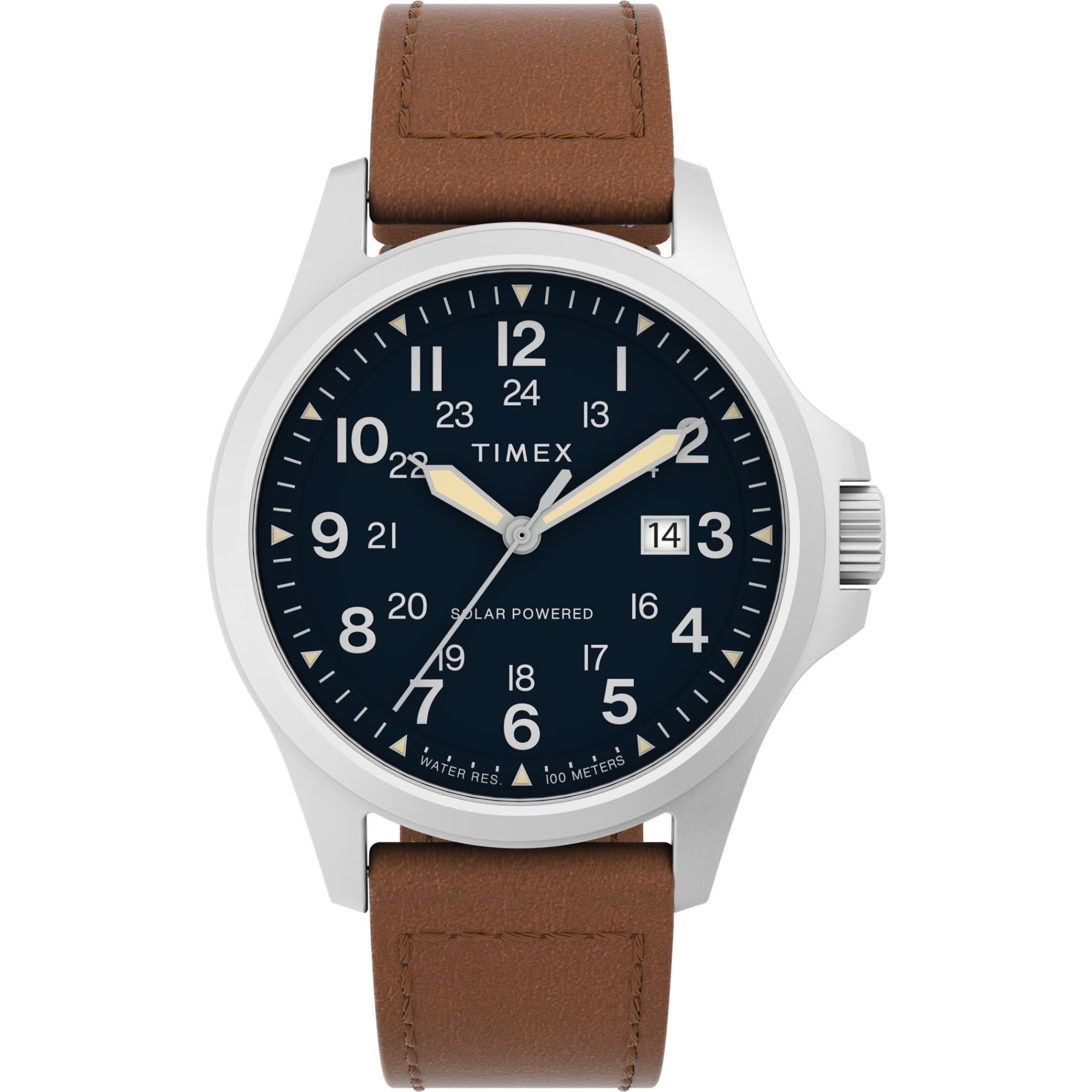 Timex Expedition North 41mm Solar Powered blue dial leather watch TW2V03600 front view