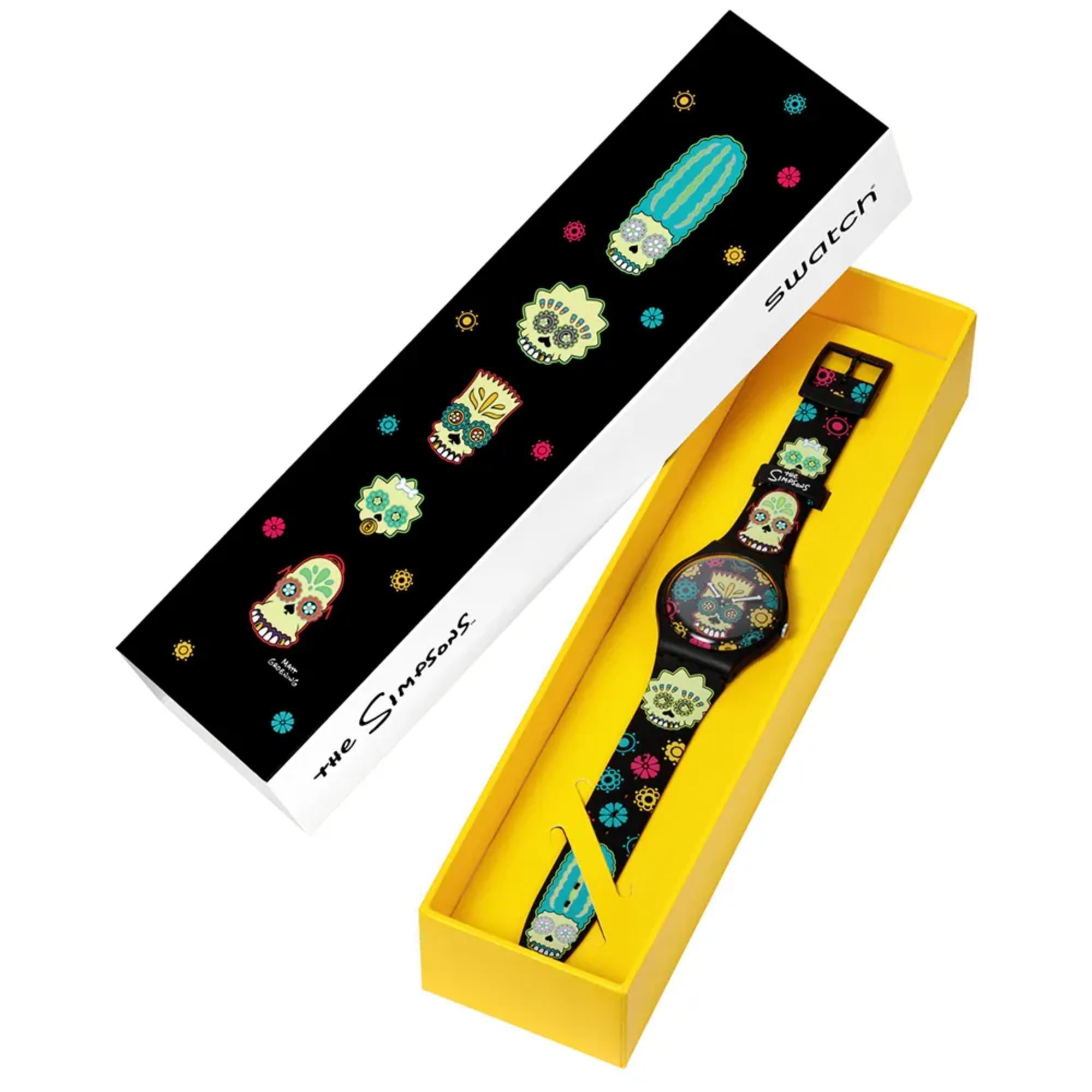 Swatch x Die Simpsons (41mm) D'OH OF THE DEAD Schwarzes Bedrucktes Zifferblatt Schwarzes Bedrucktes Armband Uhr SO29Z135