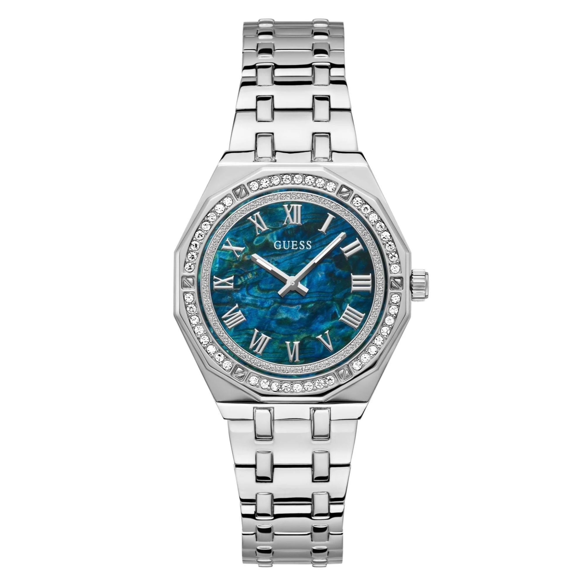 GUESS Silberfarbene Analog Blaues Zifferblatt Damen Uhr GW0770L1
