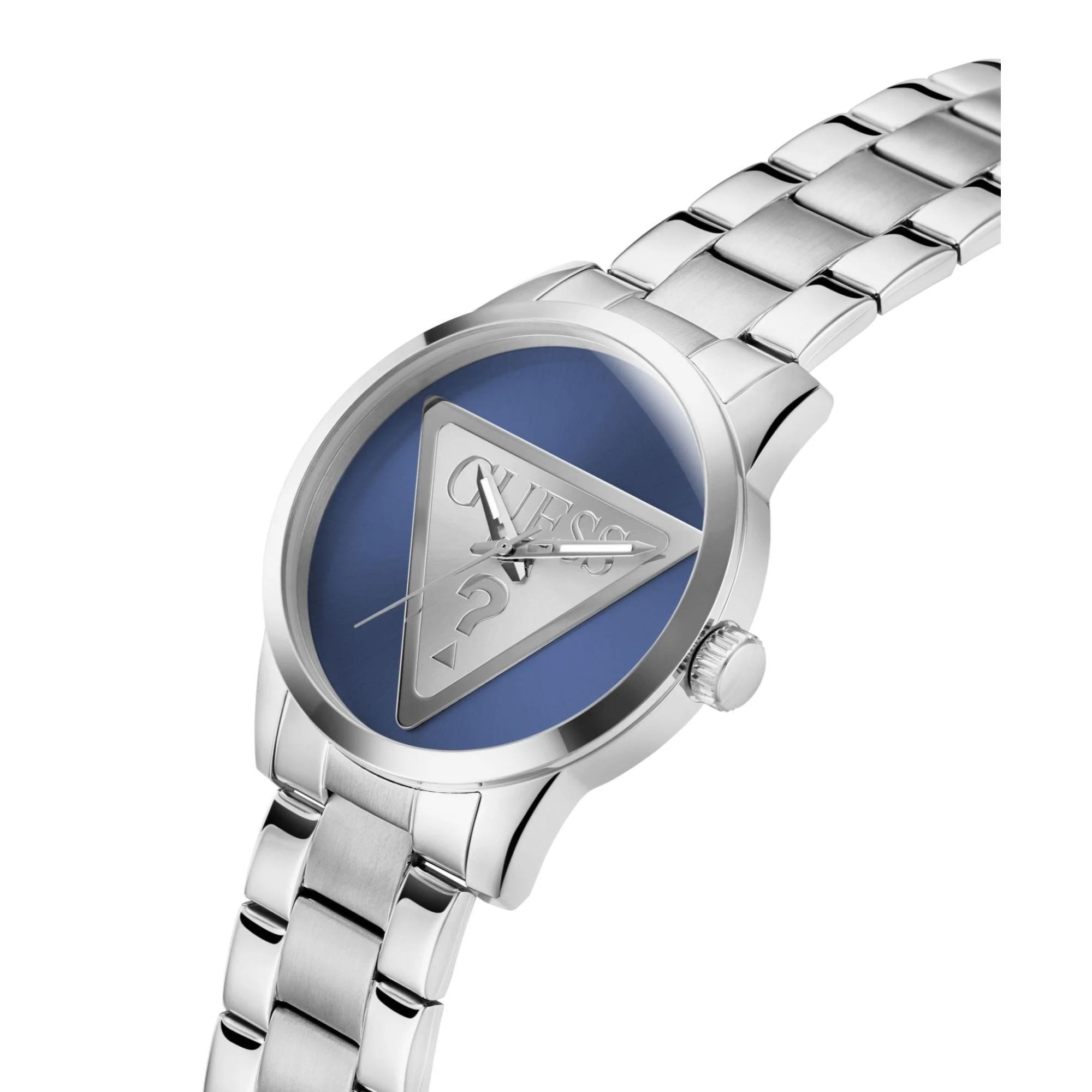 GUESS Gents Badge Silver Tone Stainless Steel Analog with Modern Flair Blue Dial Men's Watch GW0782G3