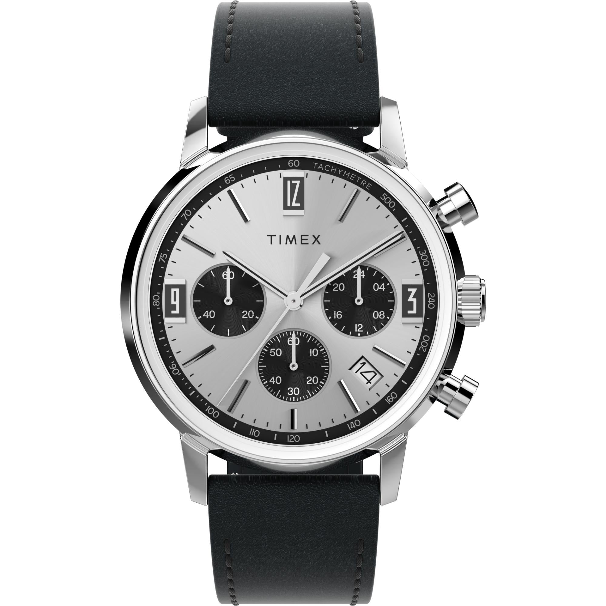 Timex Marlin Chronograph Tachymeter Silberfarbene Zifferblatt Schwarzes Lederarmband Herren Uhr TW2W10300