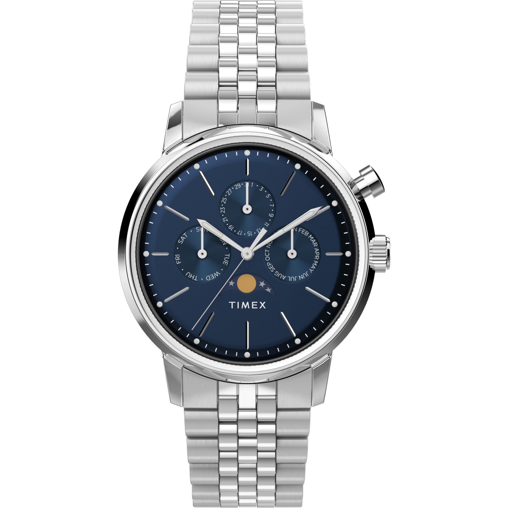 Timex Marlin 40mm Moon Phase blue dial steel watch TW2W51300 front view