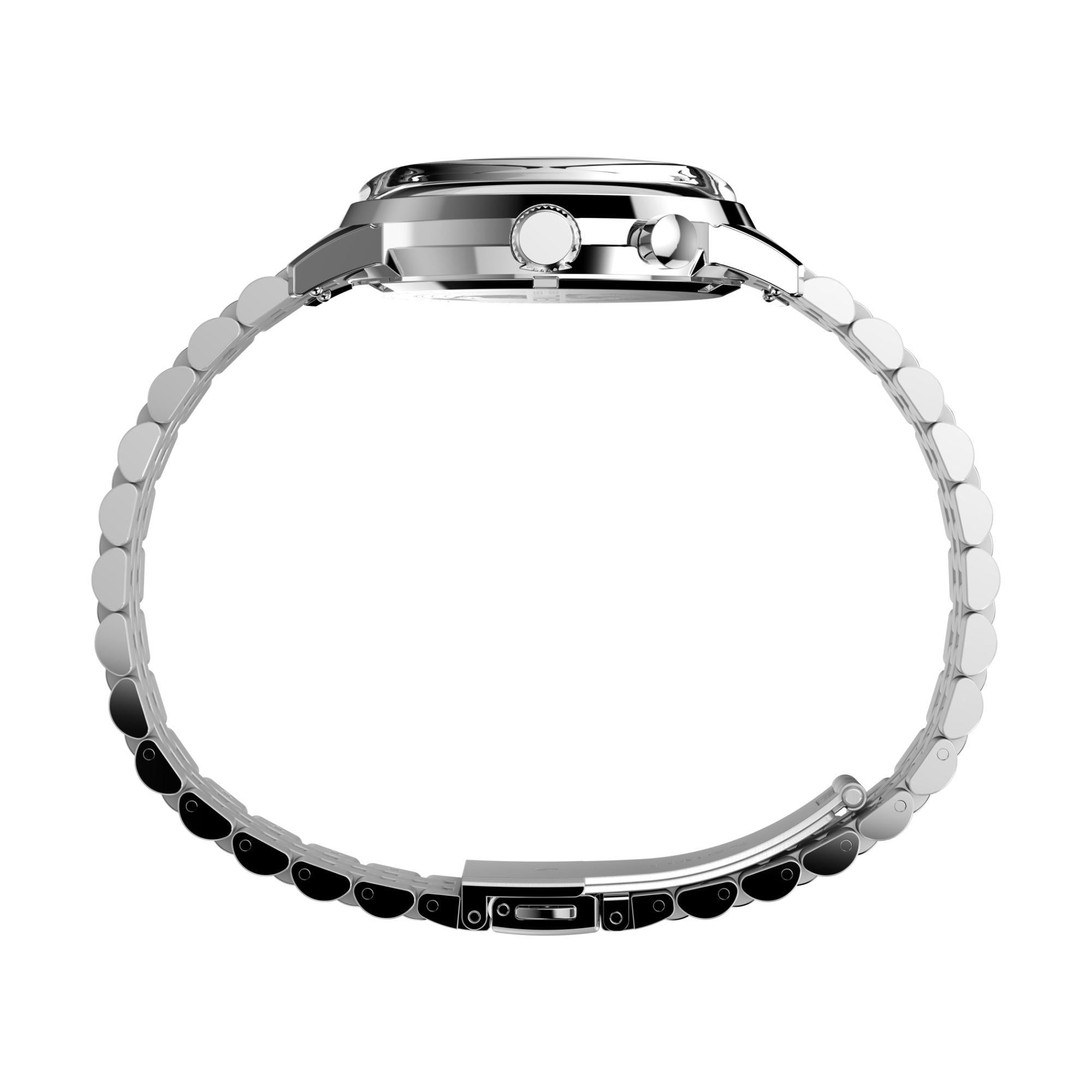 Timex TW2W51300 side view showing stainless steel case, crown, and pusher detail