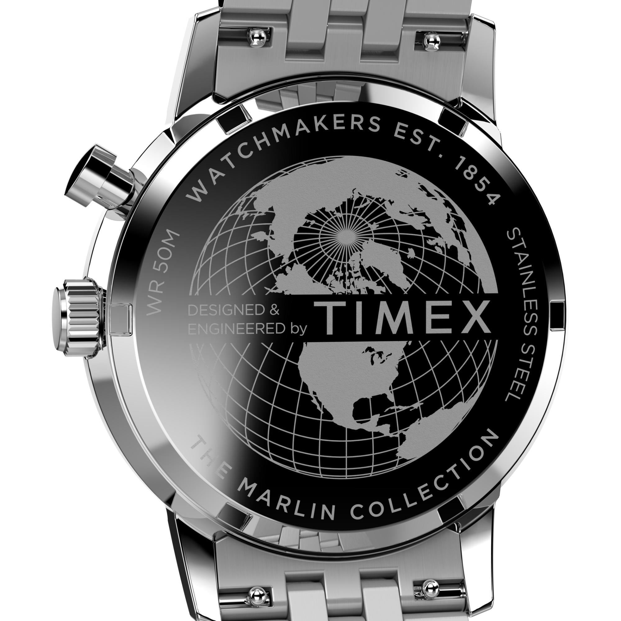 Timex TW2W51300 engraved caseback detailing The Marlin Collection and globe motif close-up