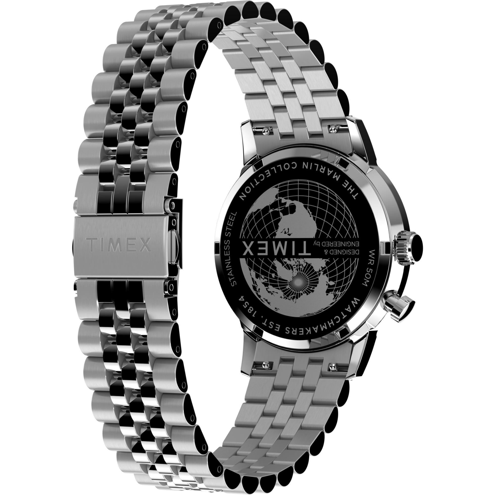Timex Marlin TW2W51300 three-quarter rear view highlighting the bracelet, clasp, and caseback