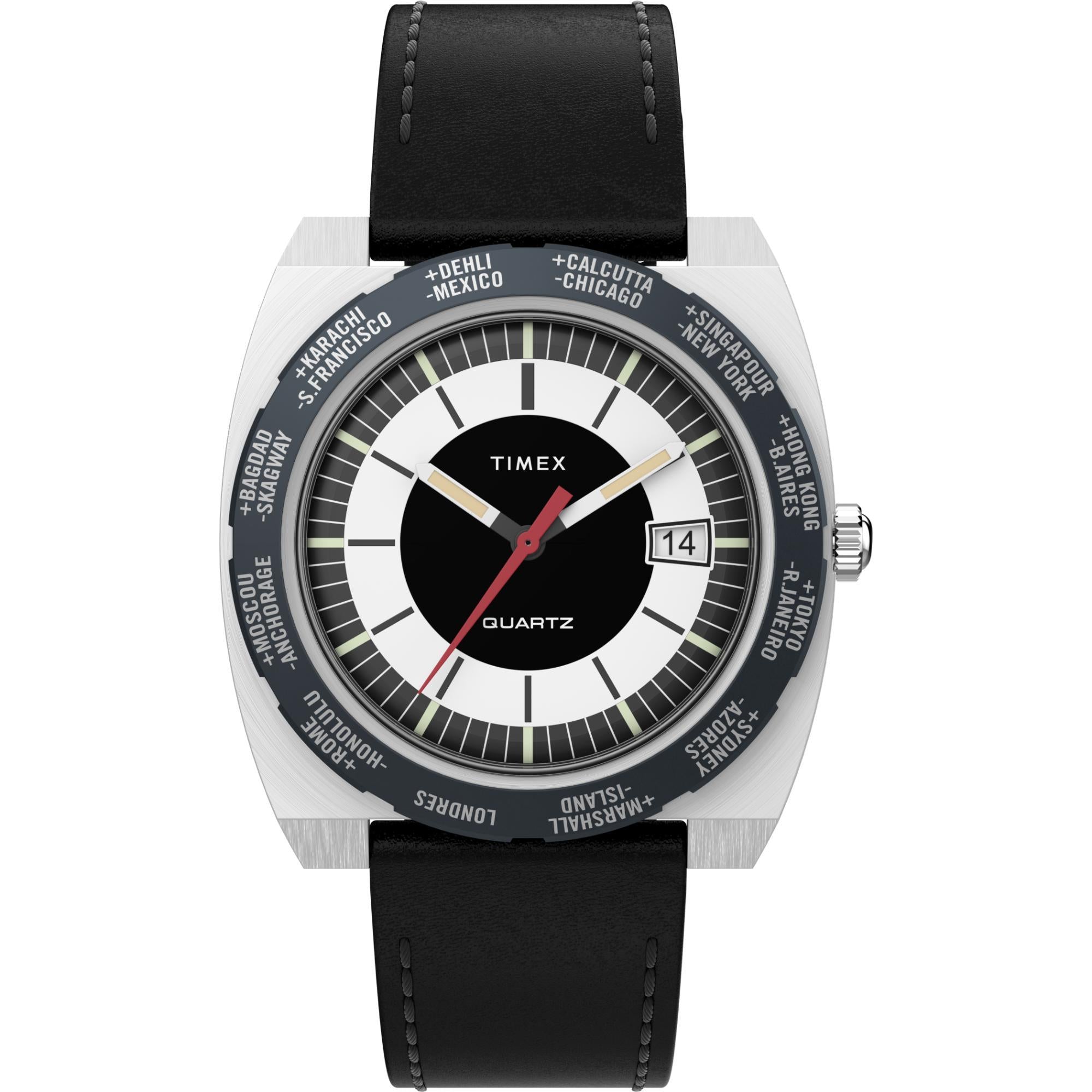 Timex Weltzeit 39mm Schwarze Zifferblatt Leder Herren Quarz Uhr TW2V69500