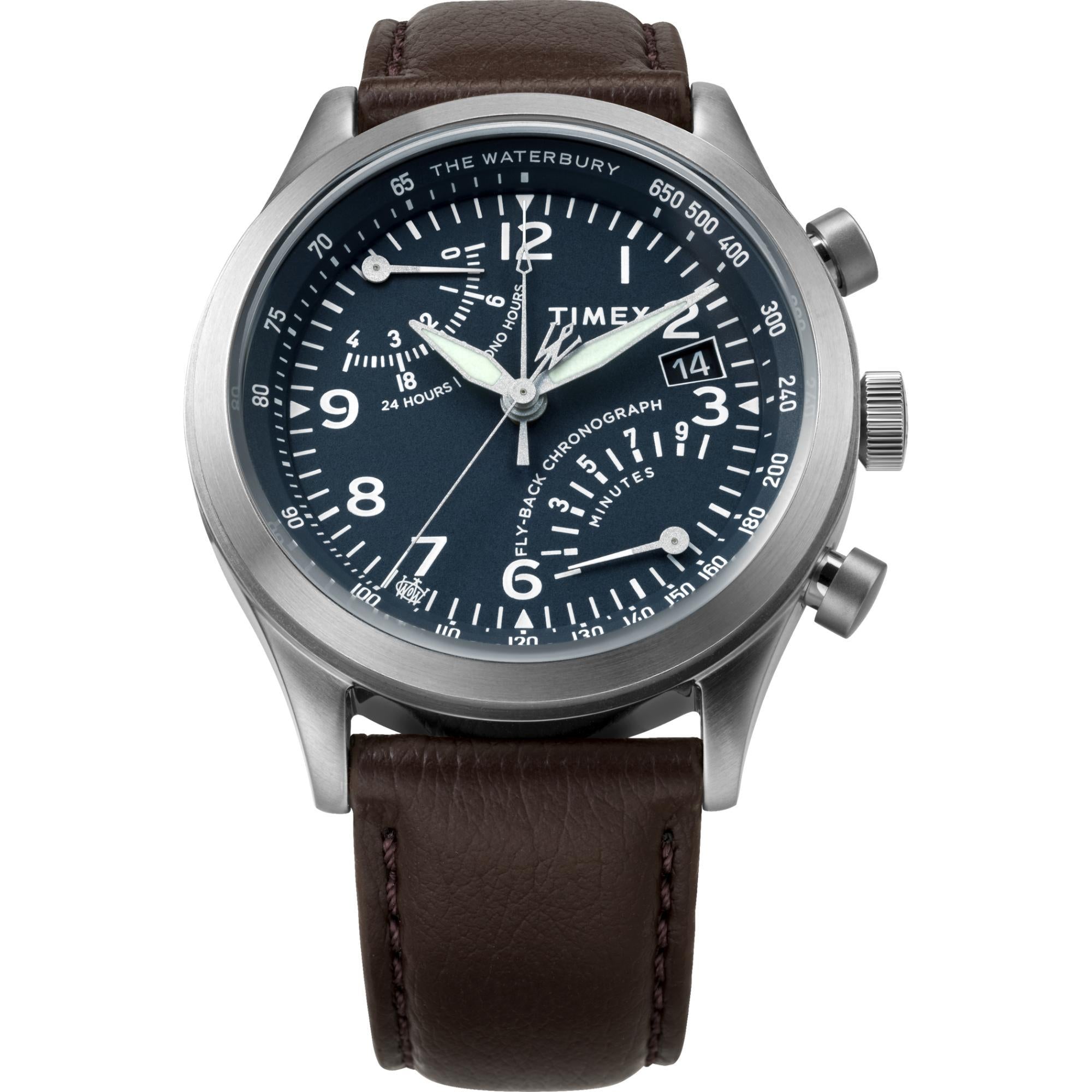Timex Waterbury 43mm Chronograph Blue Dial Leather Mens Quartz Watch TW2W47900