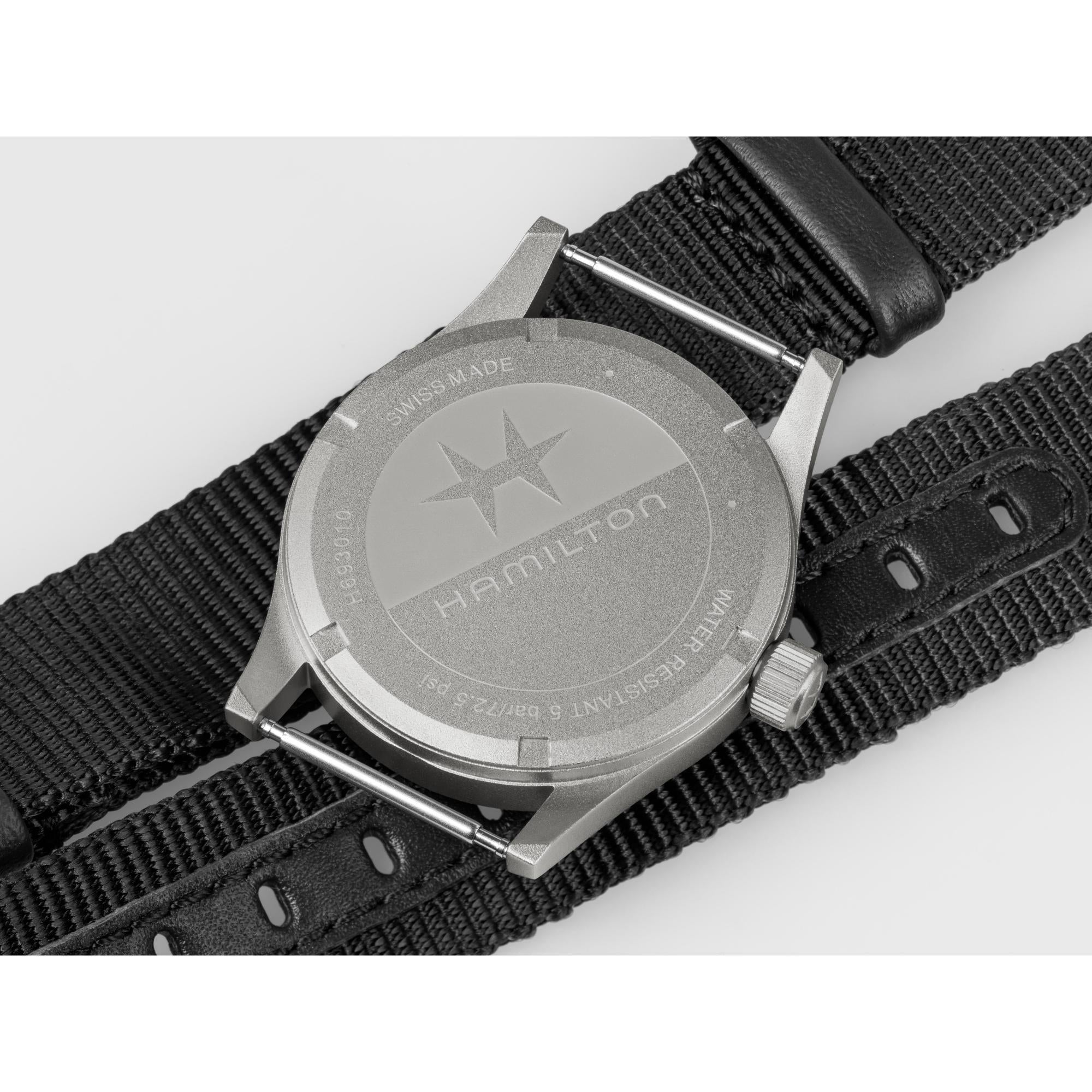 Hamilton Khaki Field H69301430 black NATO strap and 33mm case back profile
