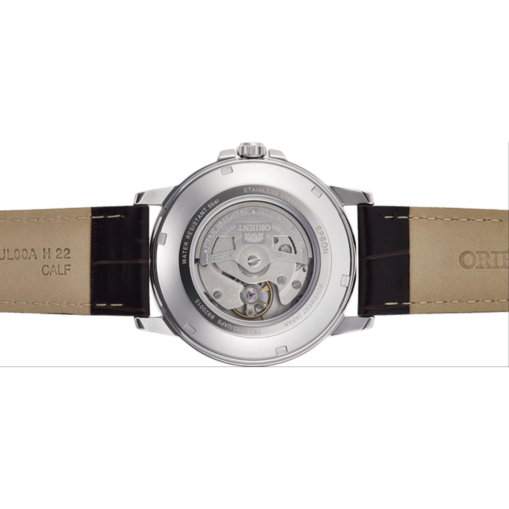Orient RA-AA0C06E39B exhibition caseback revealing automatic movement.