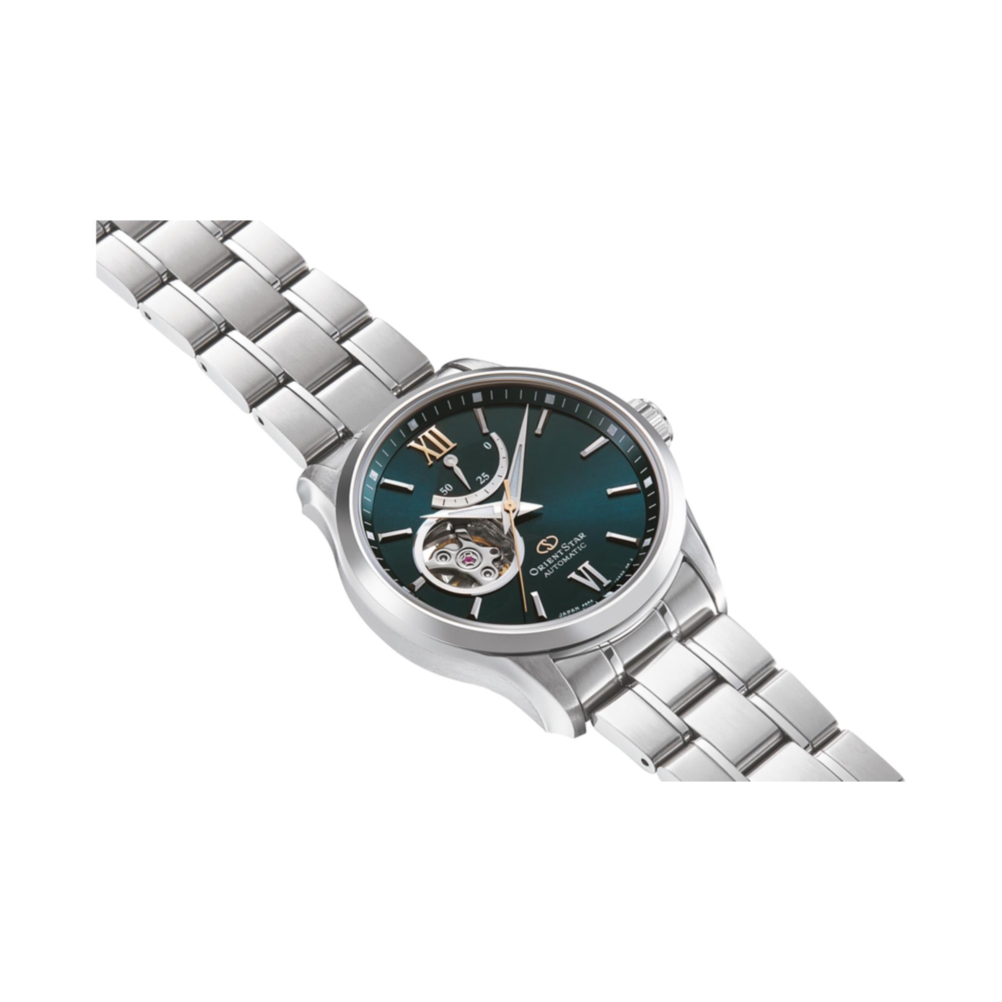 Orient Star Semi Skeleton 39mm Power Reserve Green Dial Steel Mens Automatic Watch RE-AT0002E00B