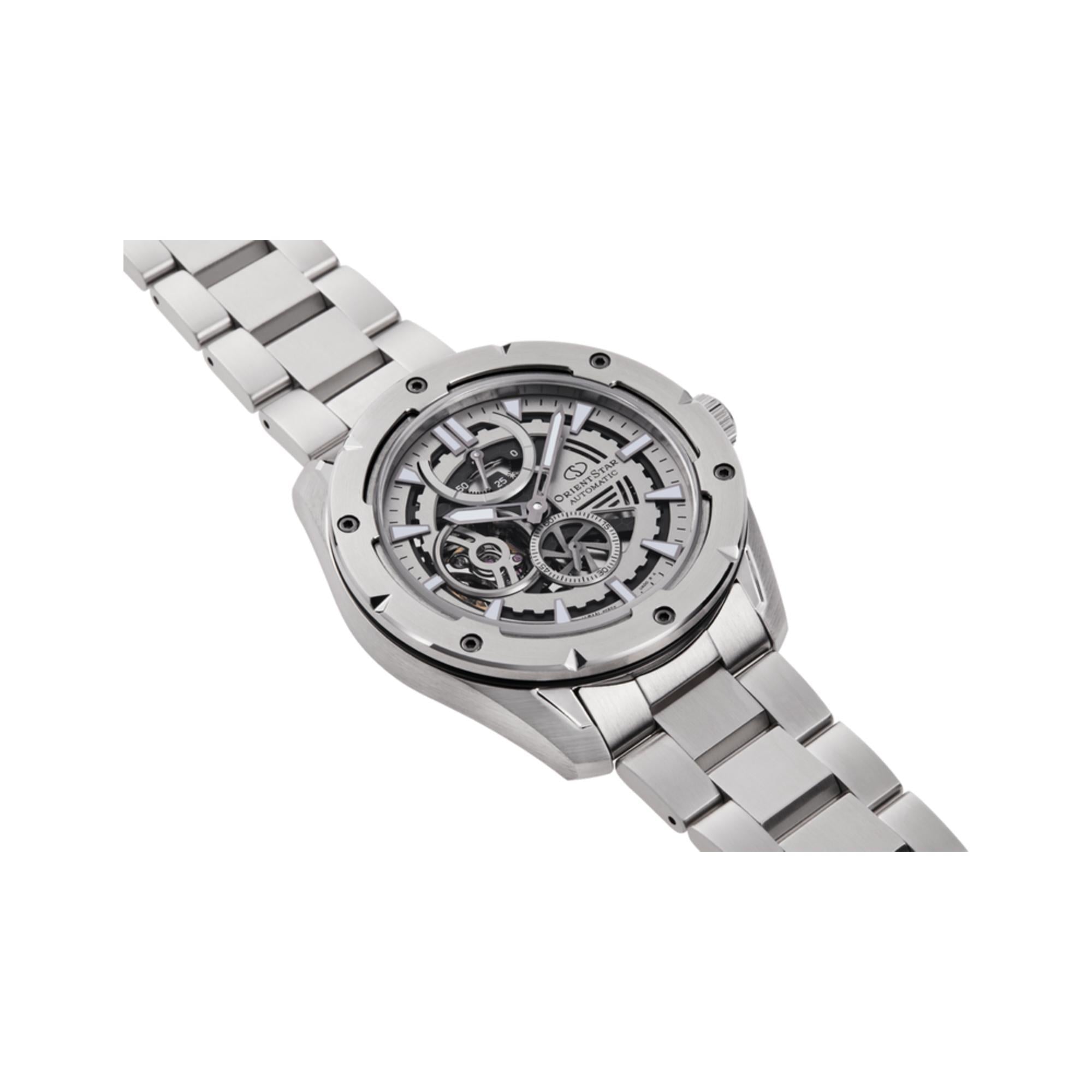 Orient Star Avant-Garde 42 mm Skeleton Silbernes Zifferblatt Stahl Herren Automatik Uhr RE-AV0A02S00B