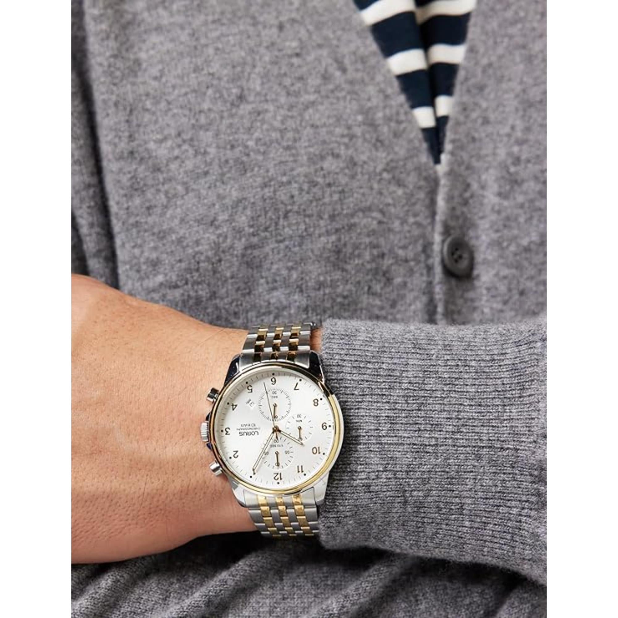 Lorus Sports Chronograph Zweifarbiges Armband Weißes Sonnenstrahl Zifferblatt Herren Uhr RM338JX9
