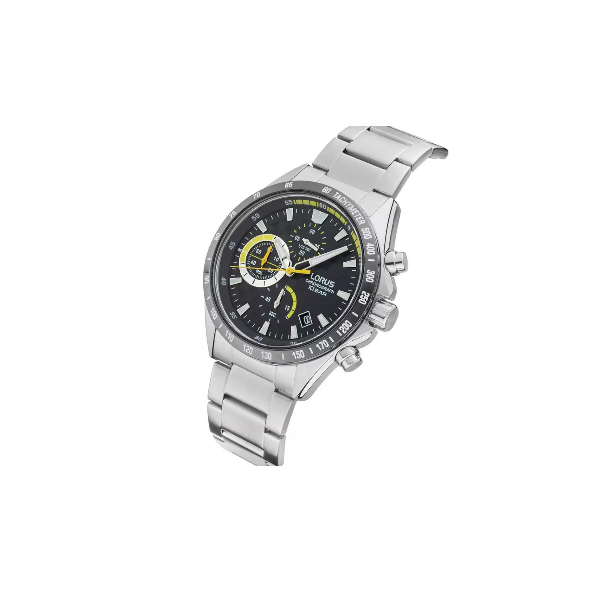 Lorus Chronograph Herren Uhr Schwarzes Sonnenstrahl Zifferblatt Gelbe Akzente Edelstahl Armband RM397HX9