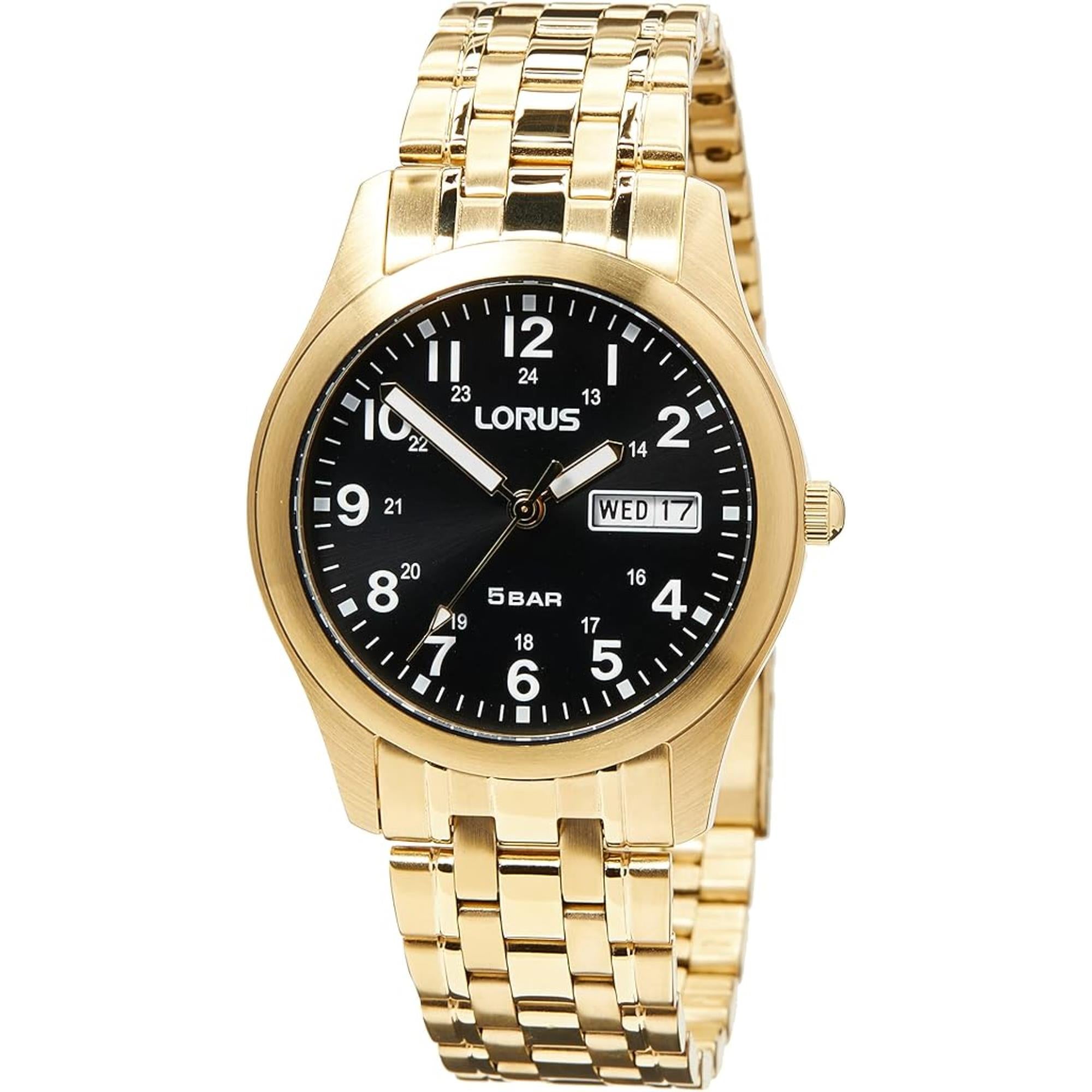 Lorus Klassische Herrenarmbanduhr mit schwarzem Sonnenschliff-Zifferblatt aus goldbeschichtetem Edelstahl RXN76DX9