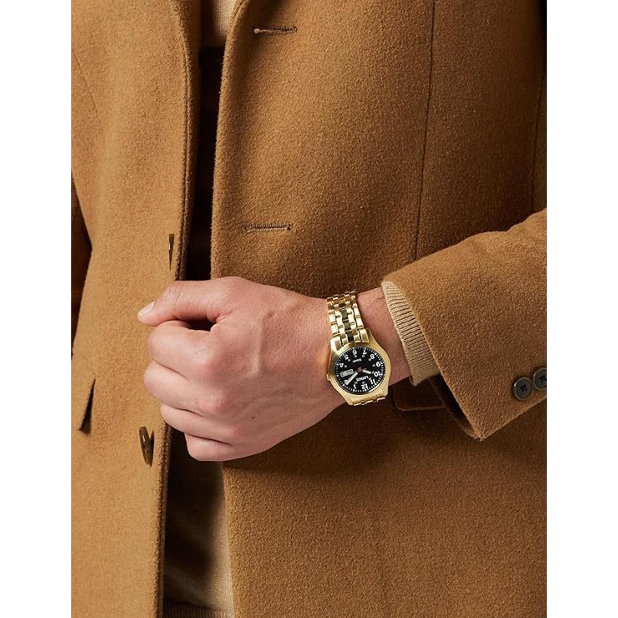Lorus Klassische Herrenarmbanduhr mit schwarzem Sonnenschliff-Zifferblatt aus goldbeschichtetem Edelstahl RXN76DX9