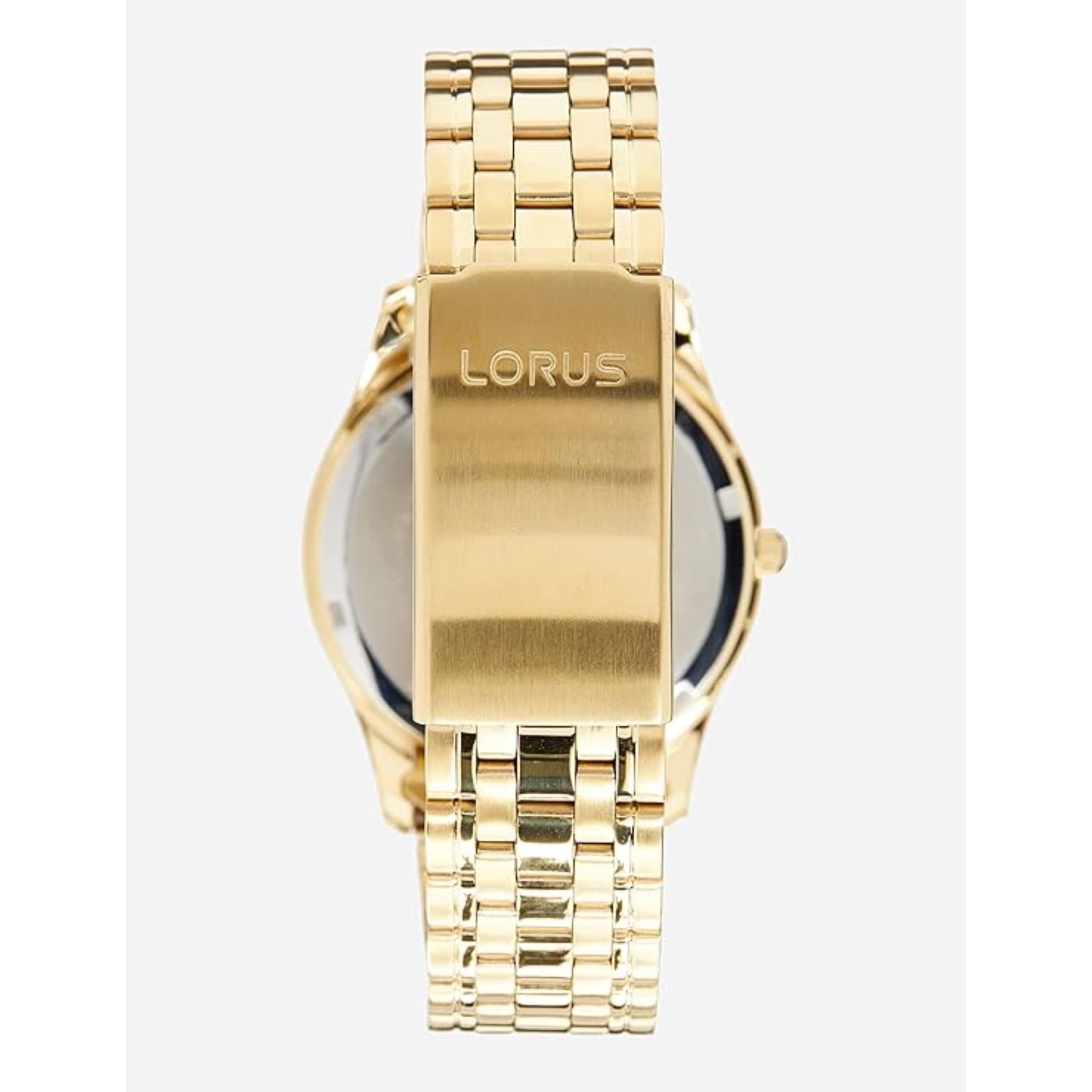 Lorus Klassische Herrenarmbanduhr mit schwarzem Sonnenschliff-Zifferblatt aus goldbeschichtetem Edelstahl RXN76DX9