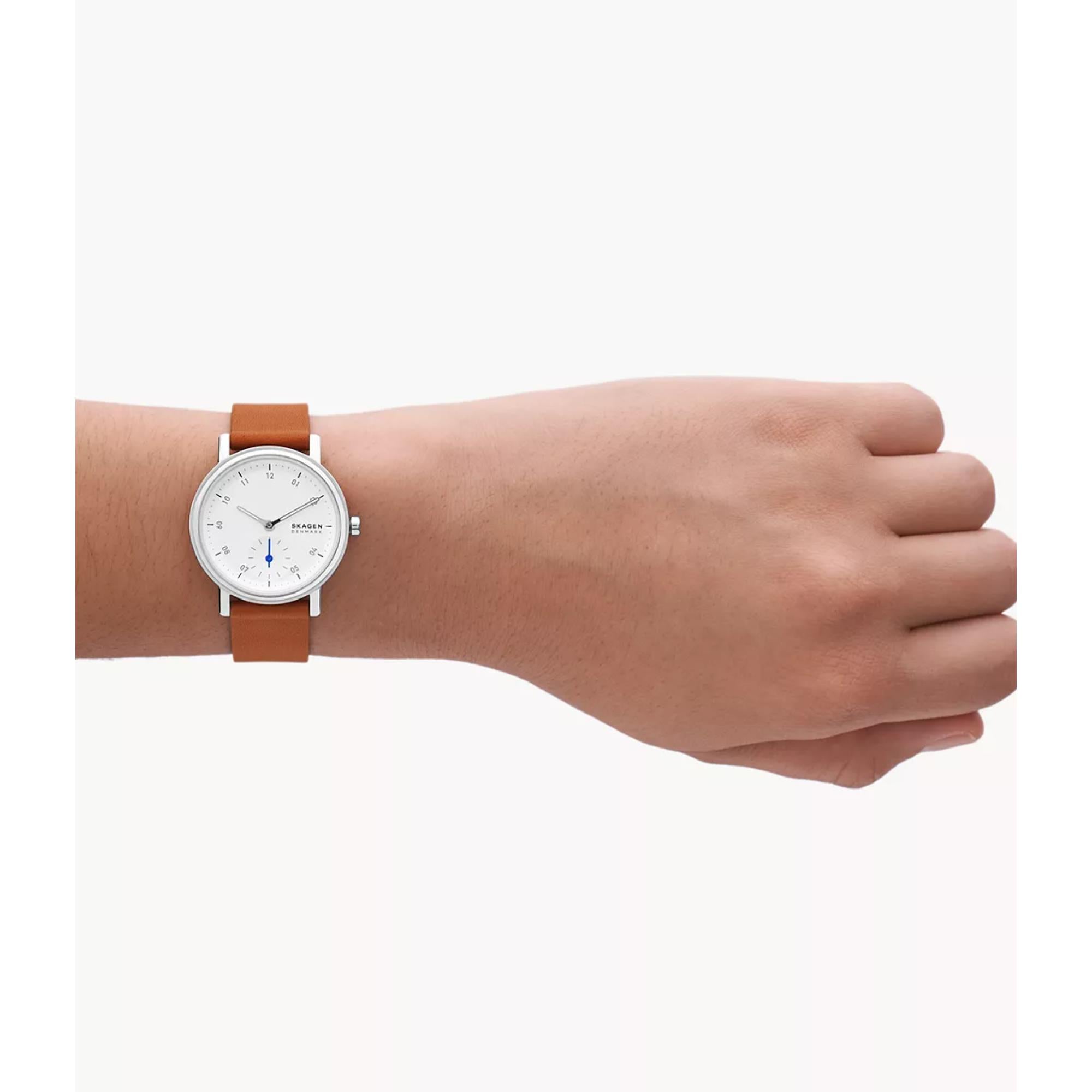 Skagen Kuppel Lille Sub-Sekunde Braun Leder Weißes Zifferblatt Damenarmbanduhr SKW3103