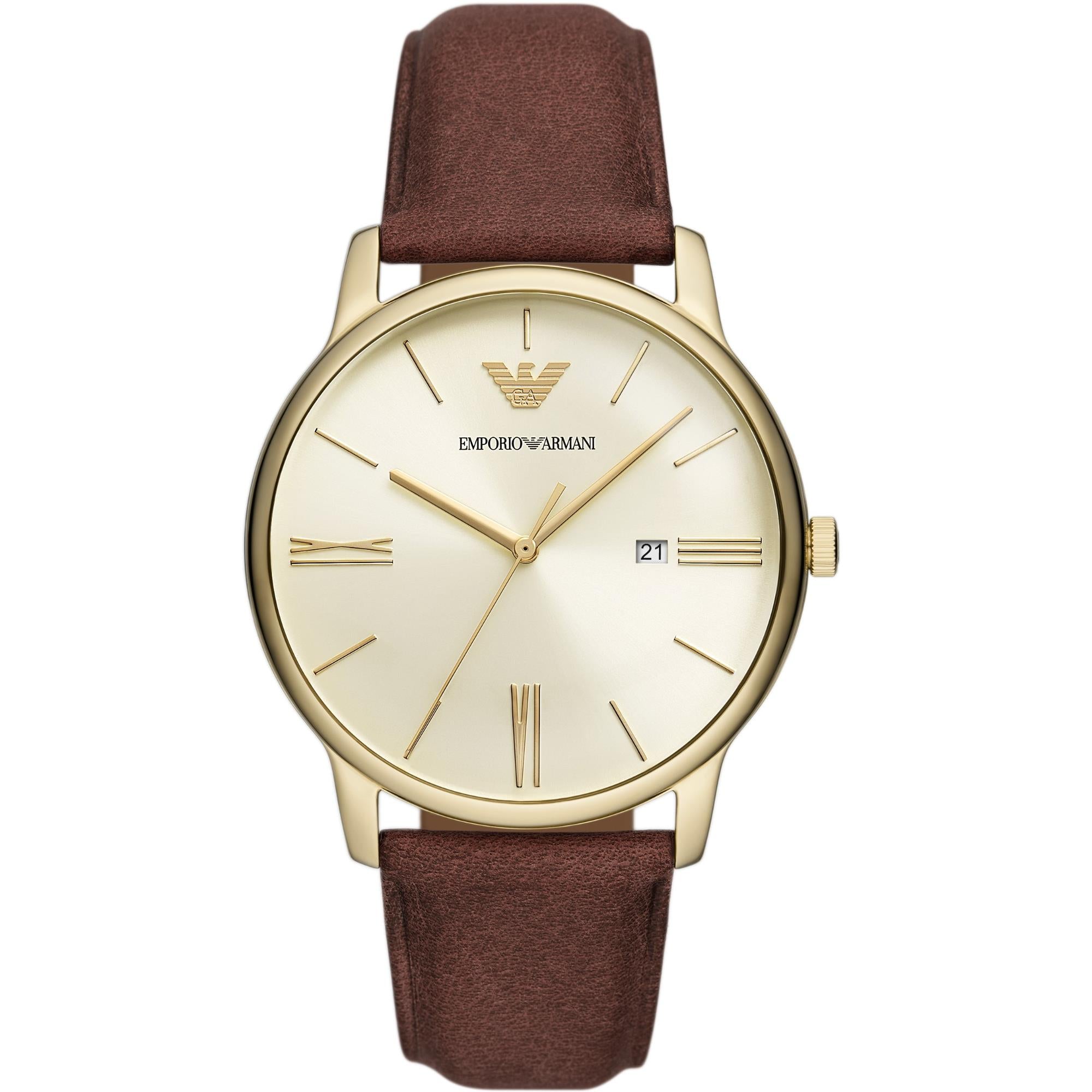Emporio Armani Minimalist 42mm Champagner Zifferblatt Leder Herren Quarz Uhr AR11610