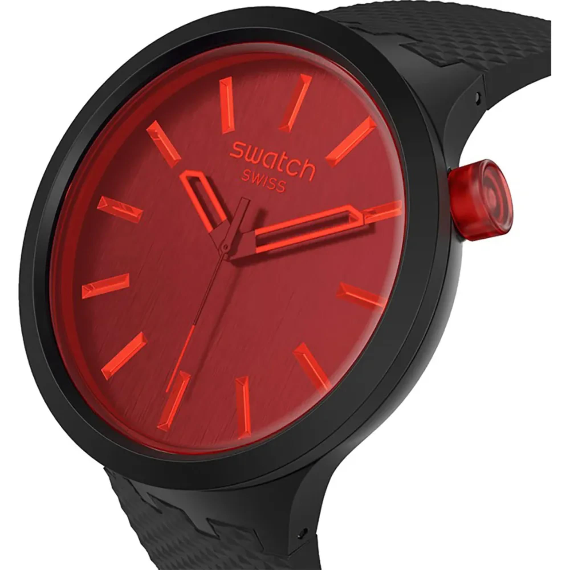 Swatch Big Bold Midnight Mode Red Dial Silicone Strap Watch SB05B111