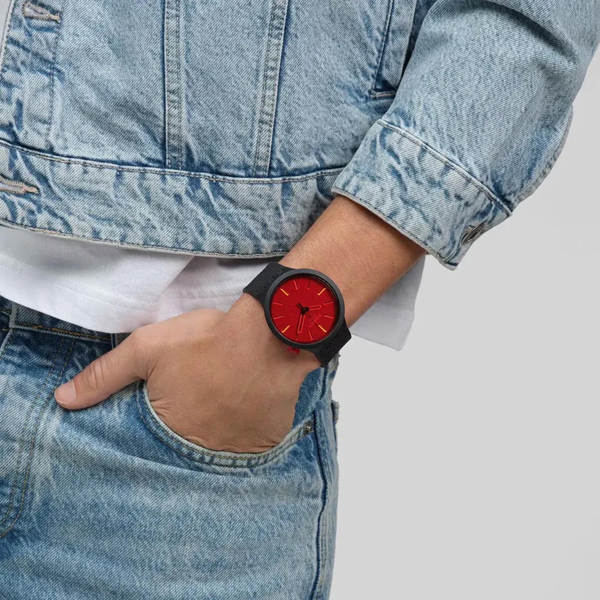 Swatch Big Bold Midnight Mode Red Dial Silicone Strap Watch SB05B111