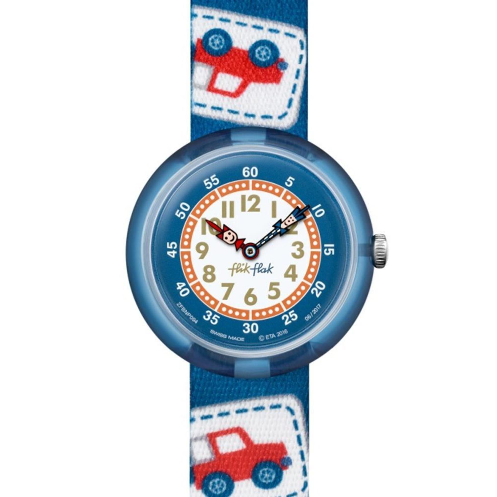 Flik Flak Camping Badge Quarzwerk Mehrfarbiges Zifferblatt Textilarmband Kinderuhr FBNP094