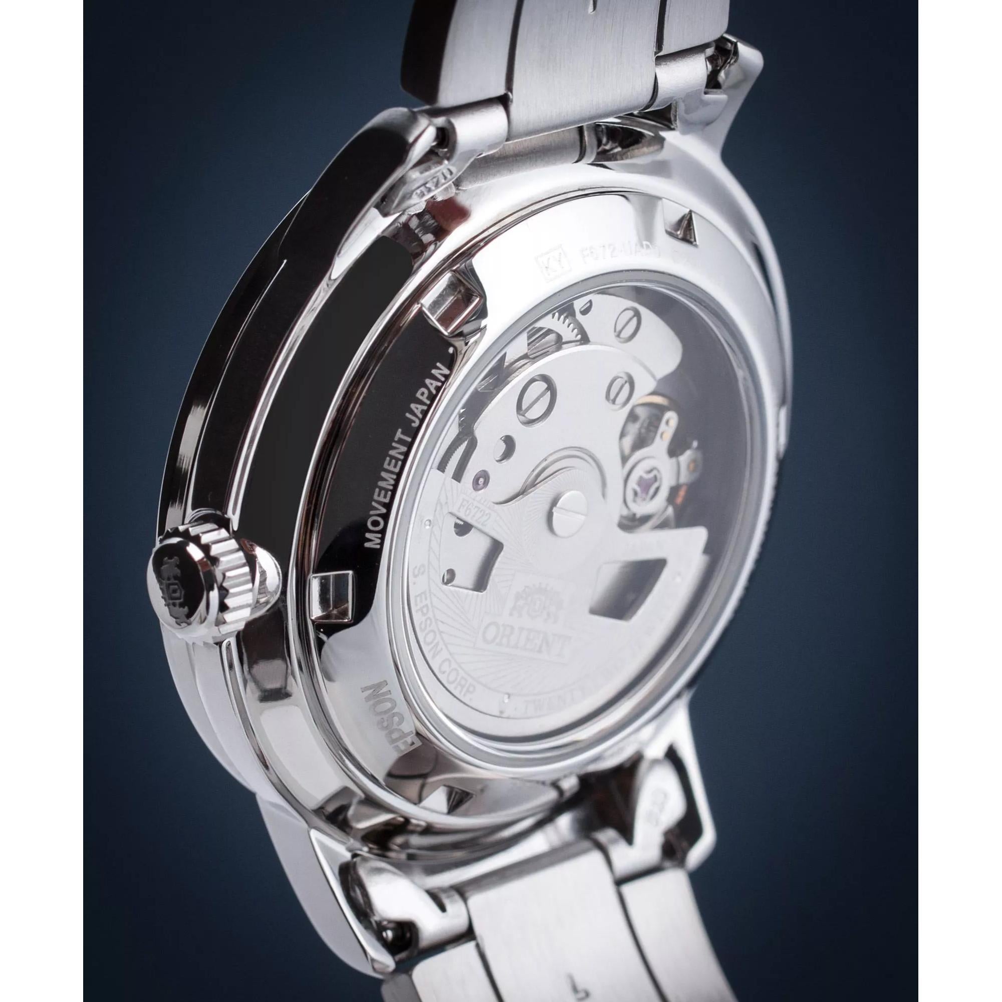 Orient Contemporary RA-AC0E01B30B exhibition case back showing automatic movement detail