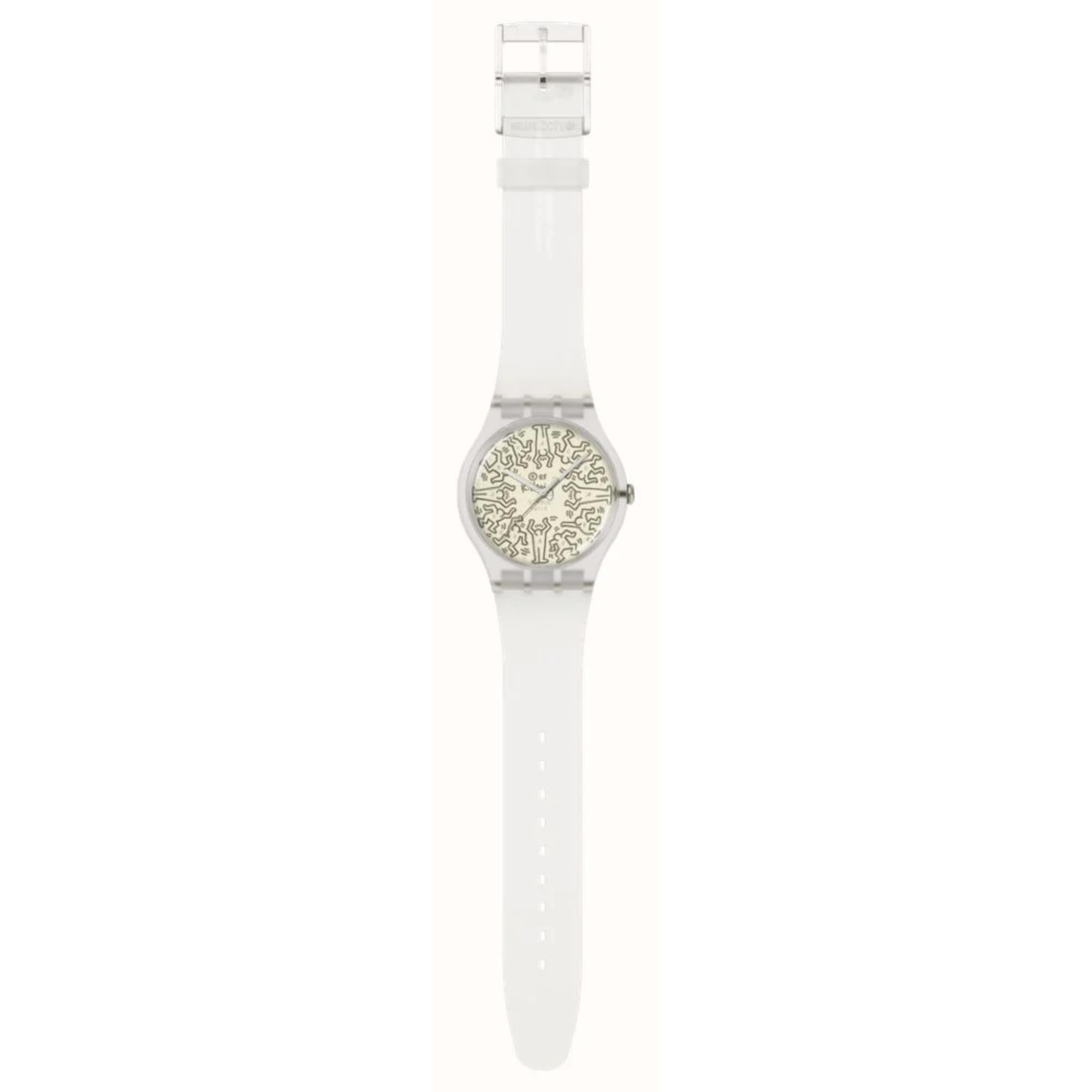 Swatch Quartz Break Free AUS DEM ARCHIV Beige Illustriertes Zifferblatt Transparenter Silikonarmband SO29Z145