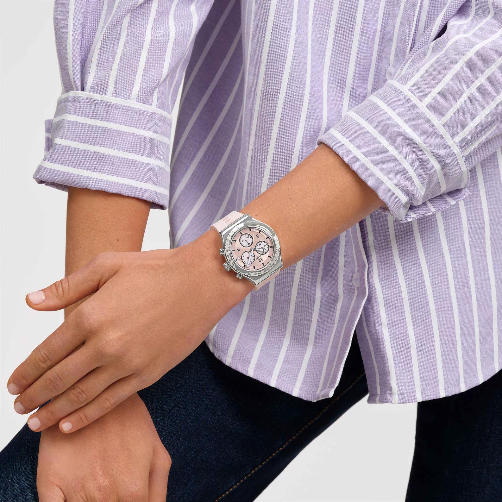 Swatch Poppingly Pinkes Zifferblatt Silikon Uhr YVS532