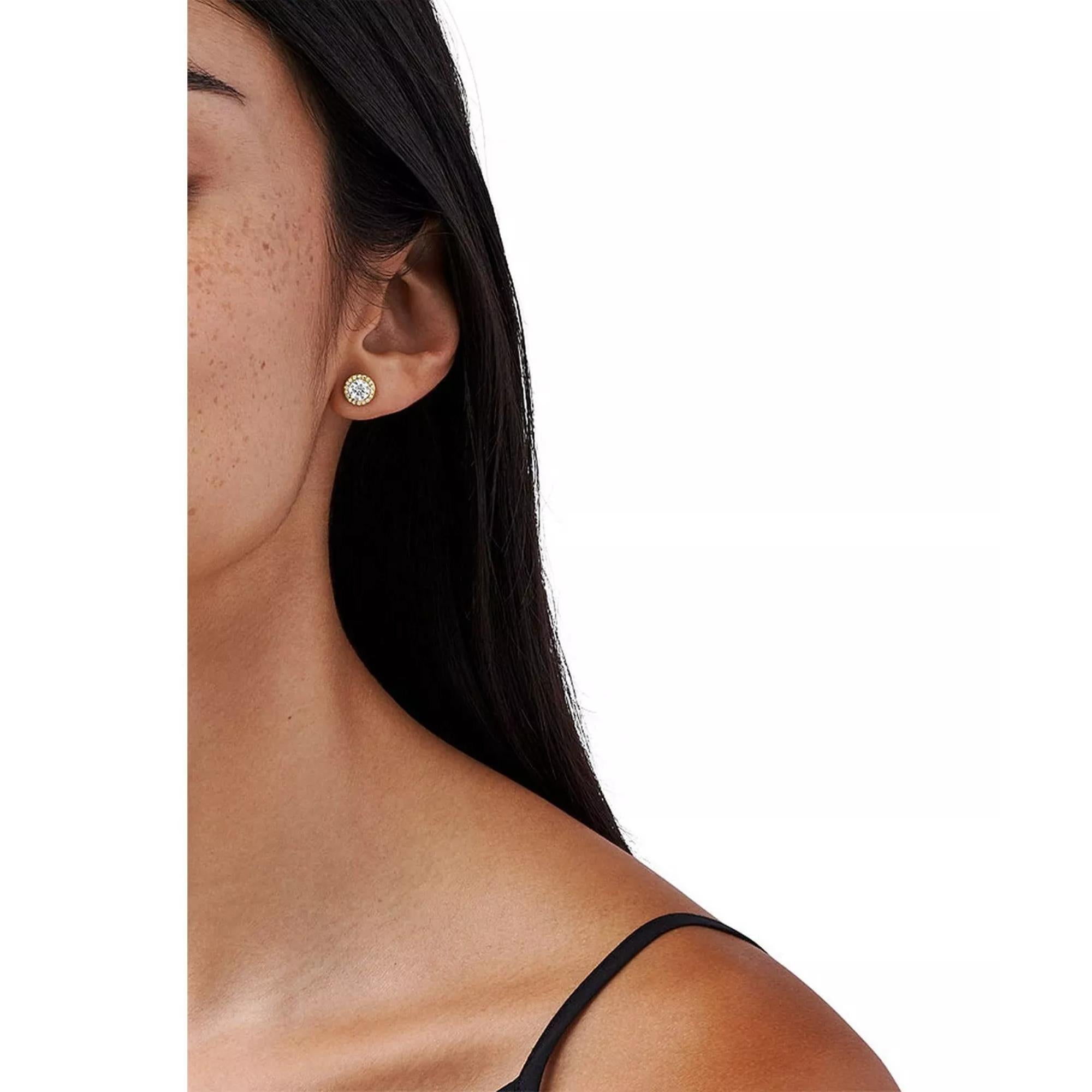 Michael Kors MKC1035AN710 gold-plated CZ halo stud earring worn on model earlobe view
