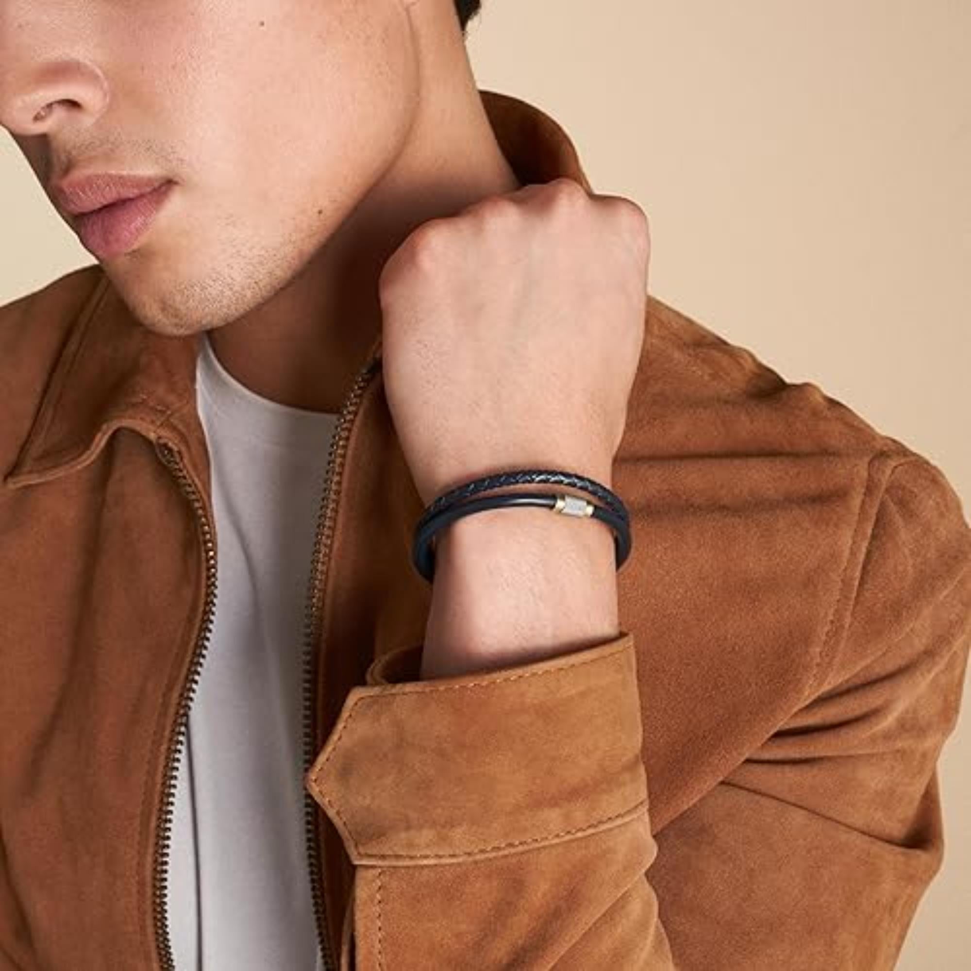 Fossil Navy Leather Multi-Strand Men's Bracelet JF04703998