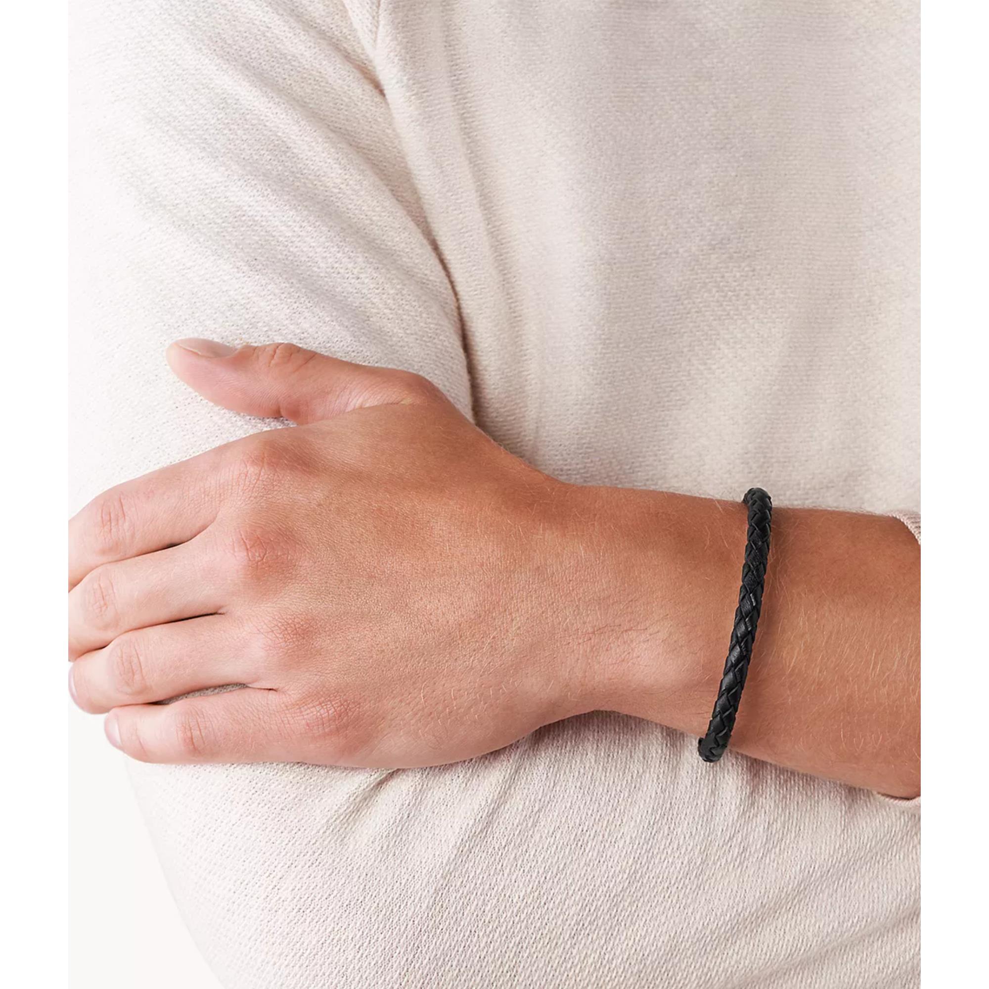 Fossil Black Skinny Braided Leather Men's Bracelet JF00510797