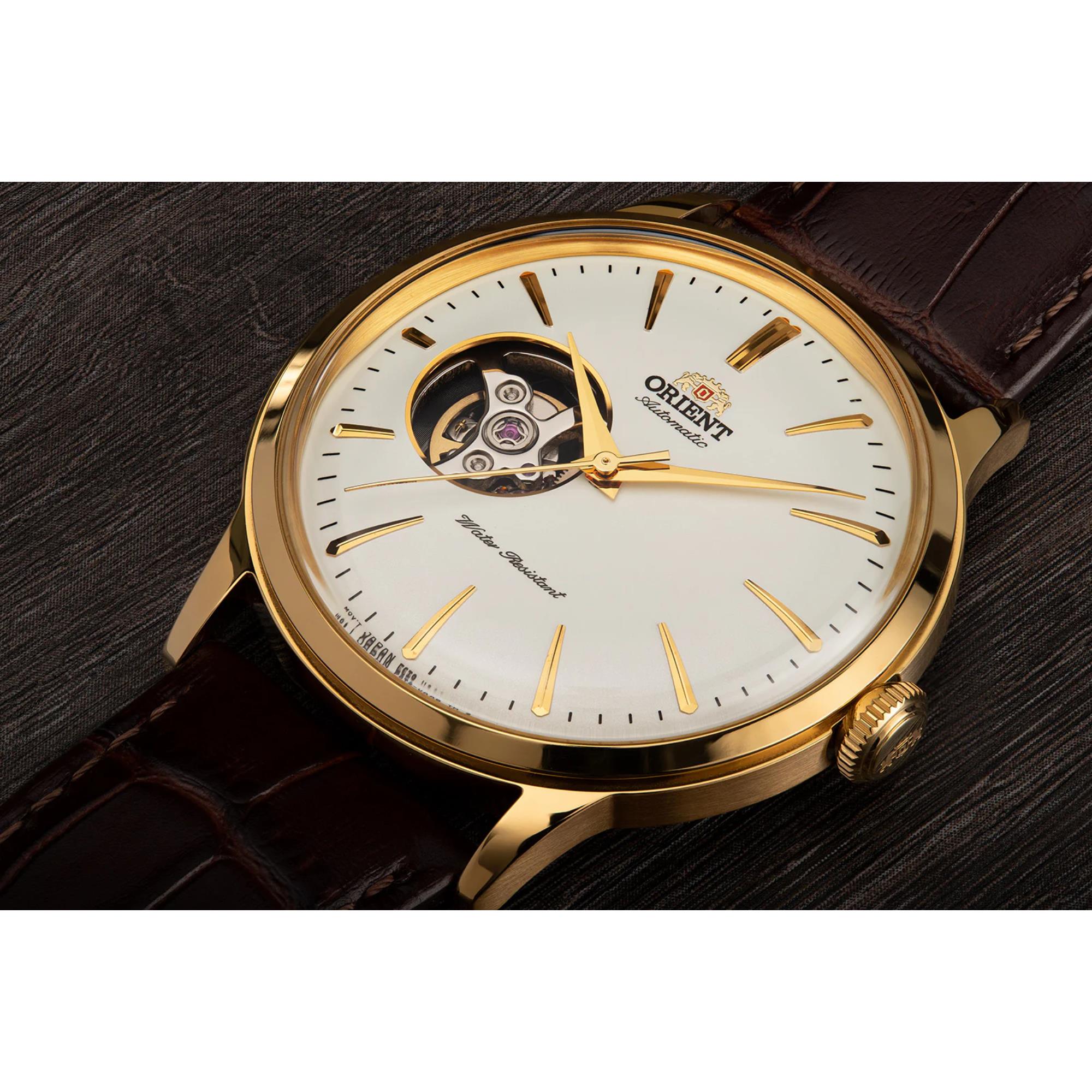 Orient Bambino 40.5mm Open Heart White Dial Leather Automatic Mens Watch RA-AG0003S30B