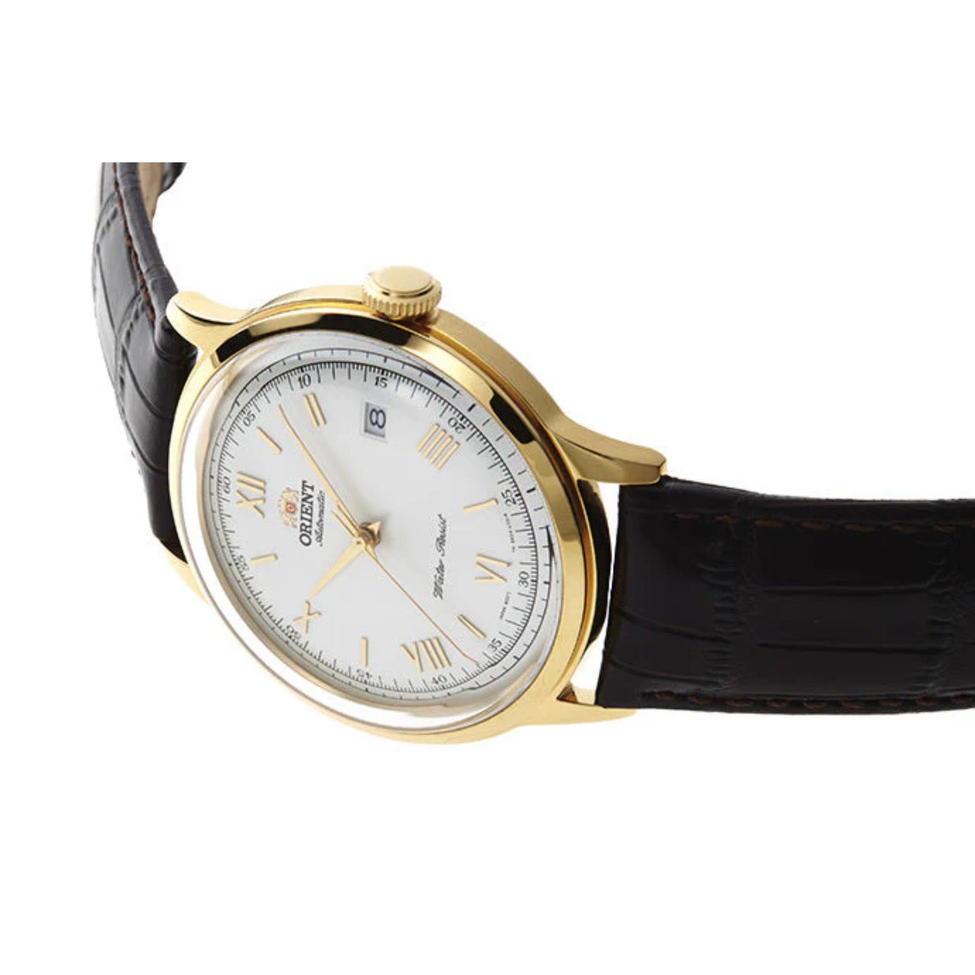 Orient Bambino 40,5 mm Weißes Zifferblatt Leder Automatik Herrenarmbanduhr TAC00007W0