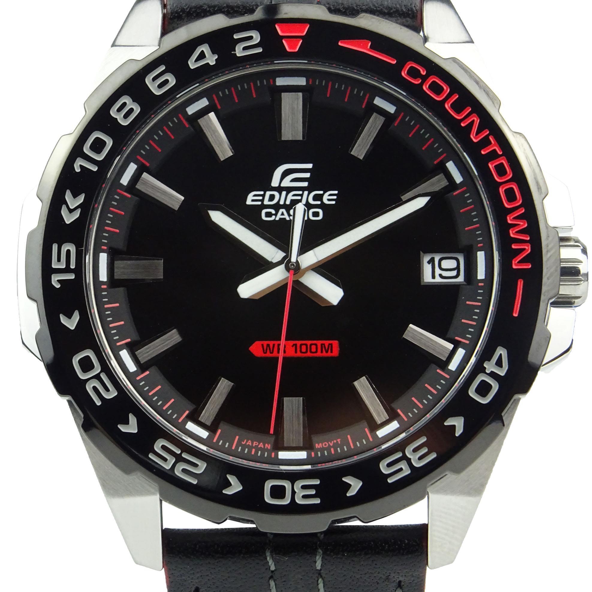 EX-DISPLAY Casio Edifice Quartz Countdown Bezel Stainless Steel Case Black Leather Strap Men's Watch EFV-120BL-1AVUEF - ED