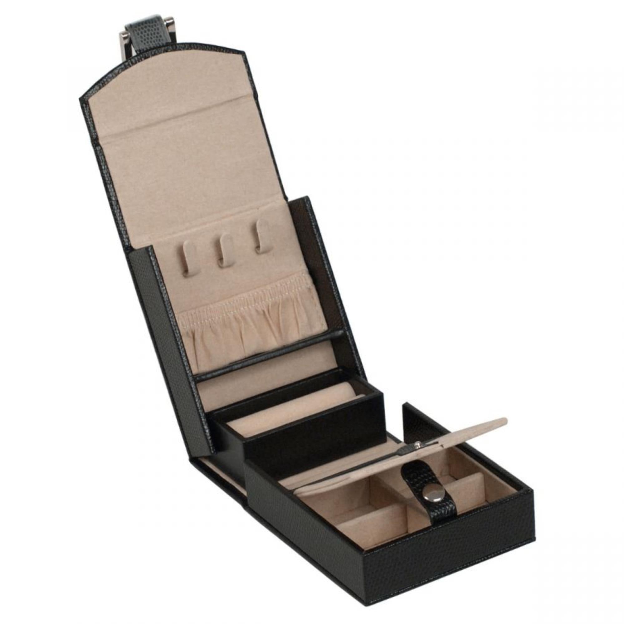 WOLF Heritage Ausklappbare Schmuckschatulle aus schwarzem Leder 281202