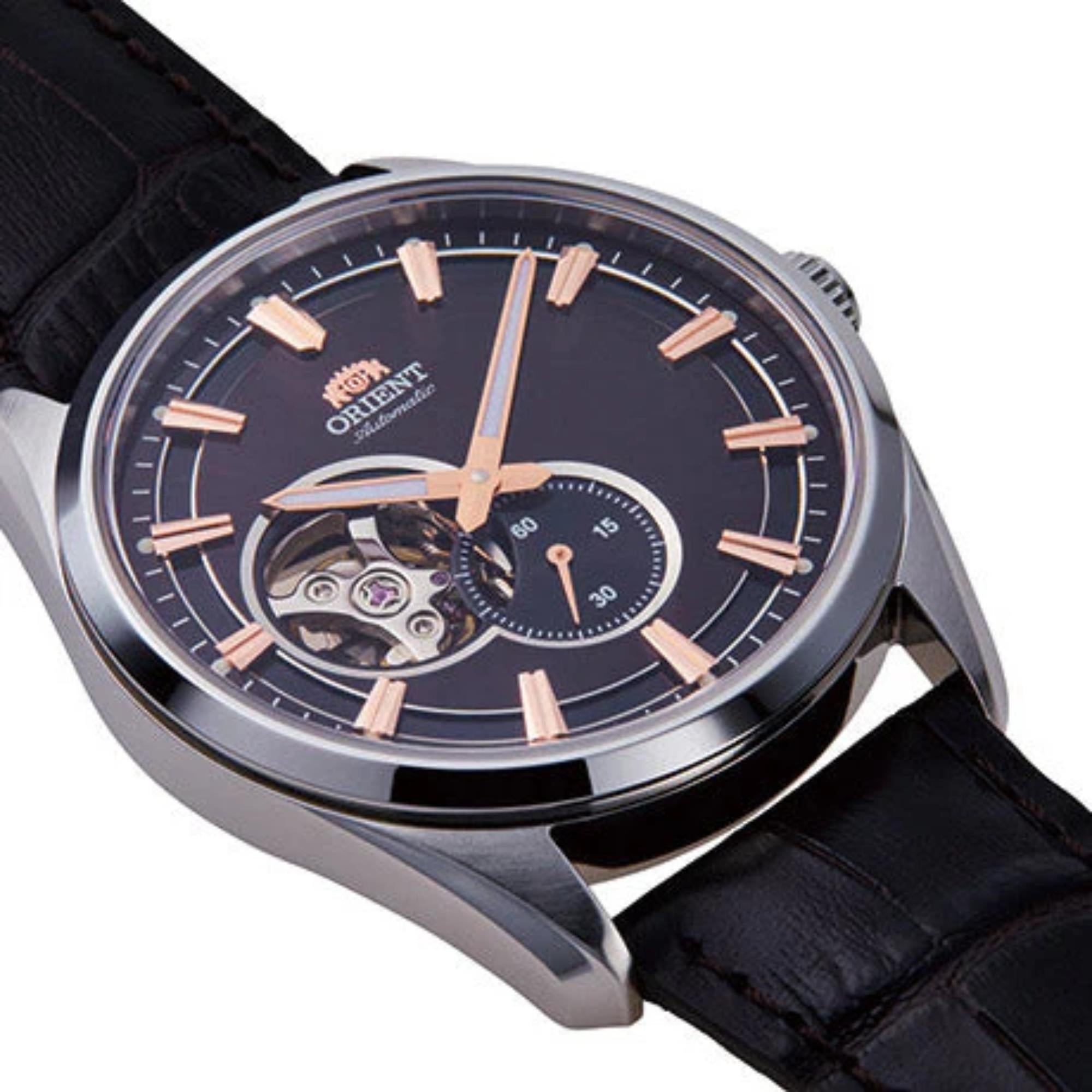 Orient Stretto 41mm Semi Skeleton Black Dial Leather Mens Automatic Watch RA-AR0005Y30B