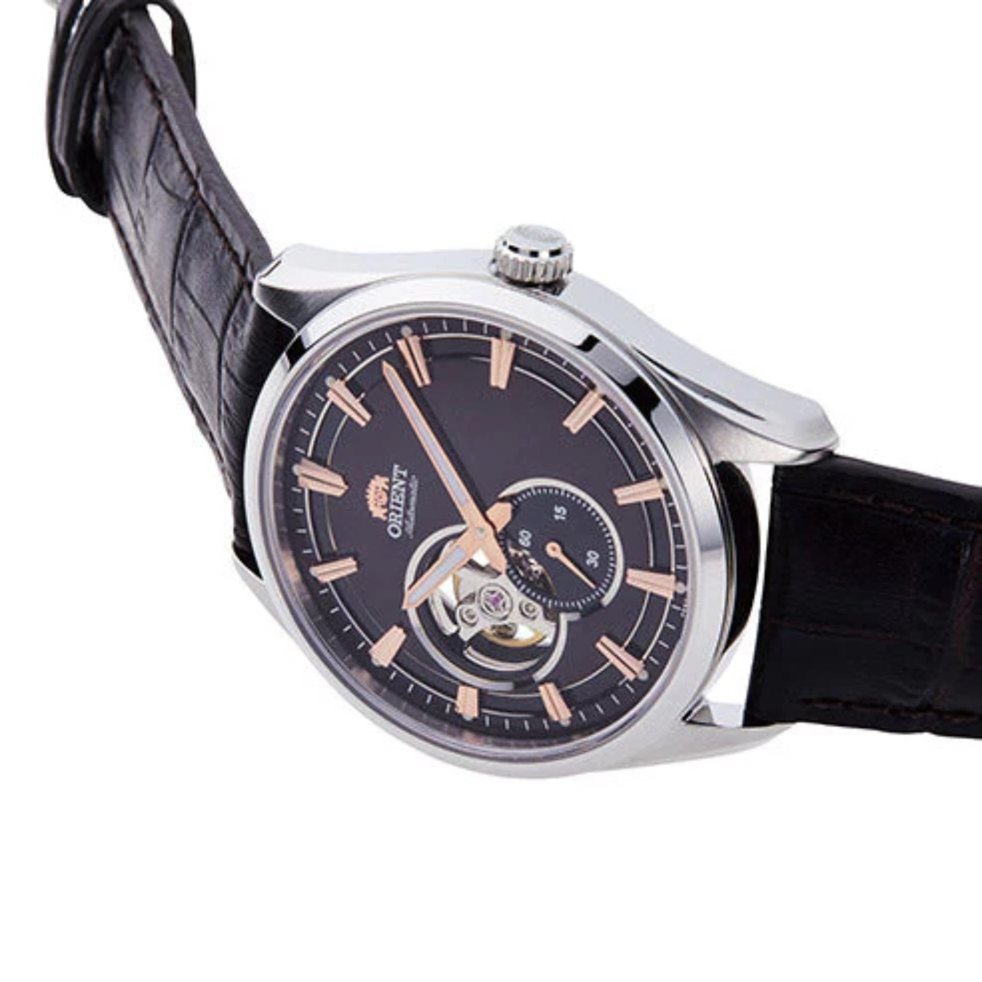 Orient Stretto 41mm Semi Skeleton Black Dial Leather Mens Automatic Watch RA-AR0005Y30B