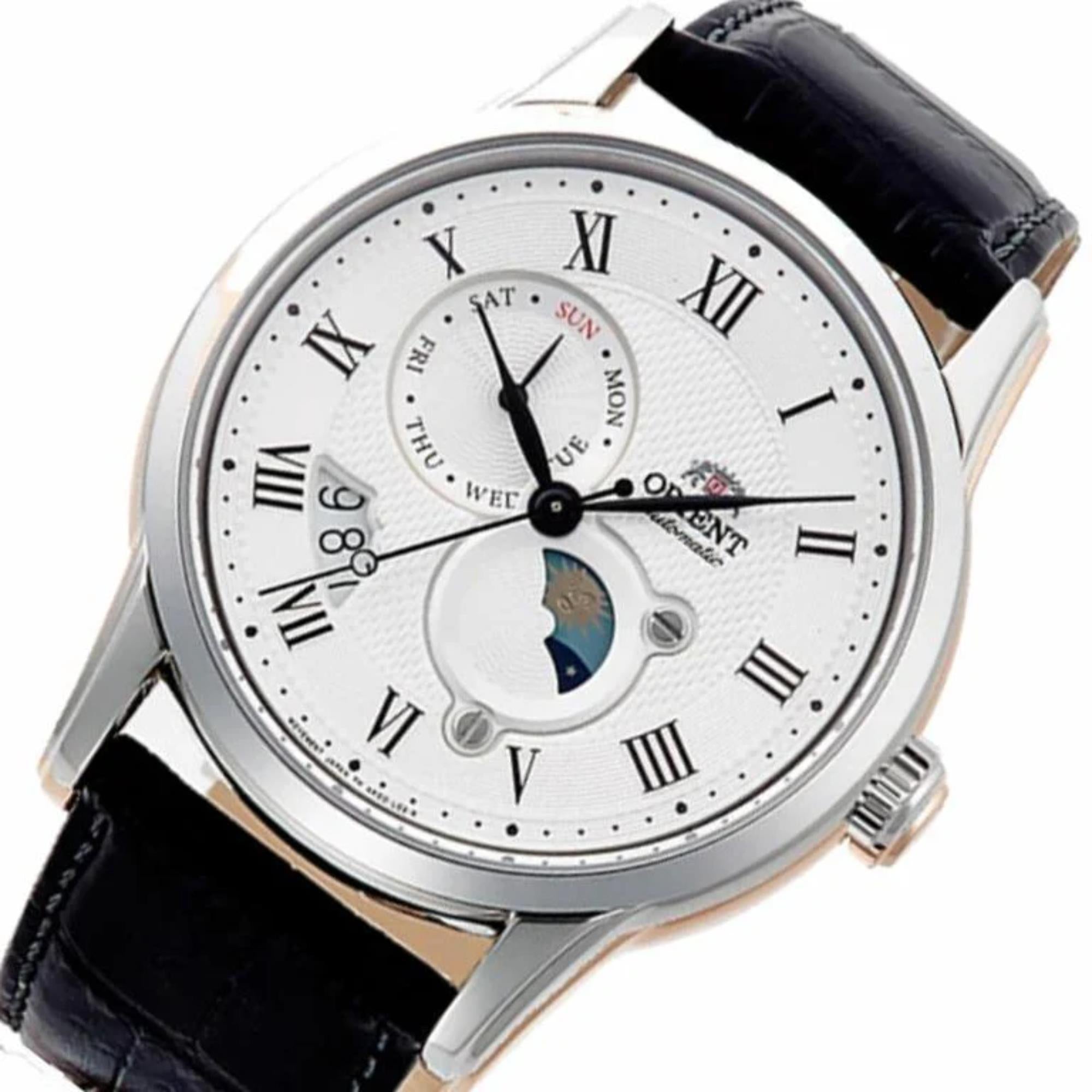 Orient Sun & Moon 42mm Weißes Zifferblatt Leder Herren Automatik Uhr RA-AK0008S30B