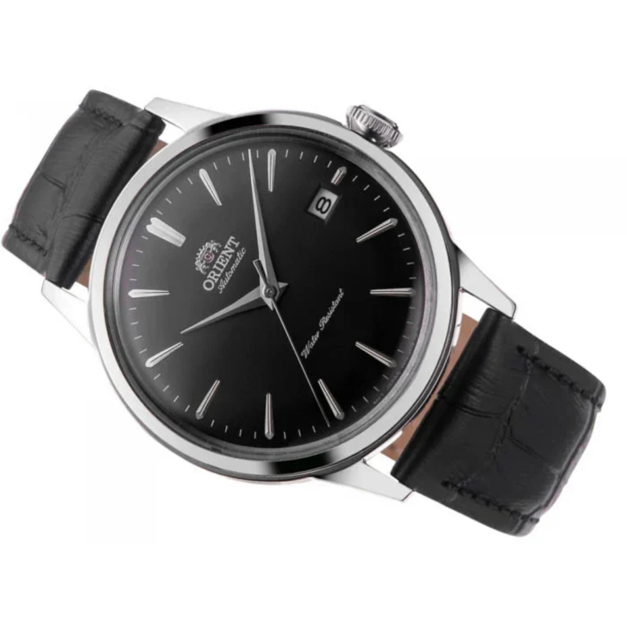Orient Bambino RA-AC0M02B30B black dial with silver markers close-up