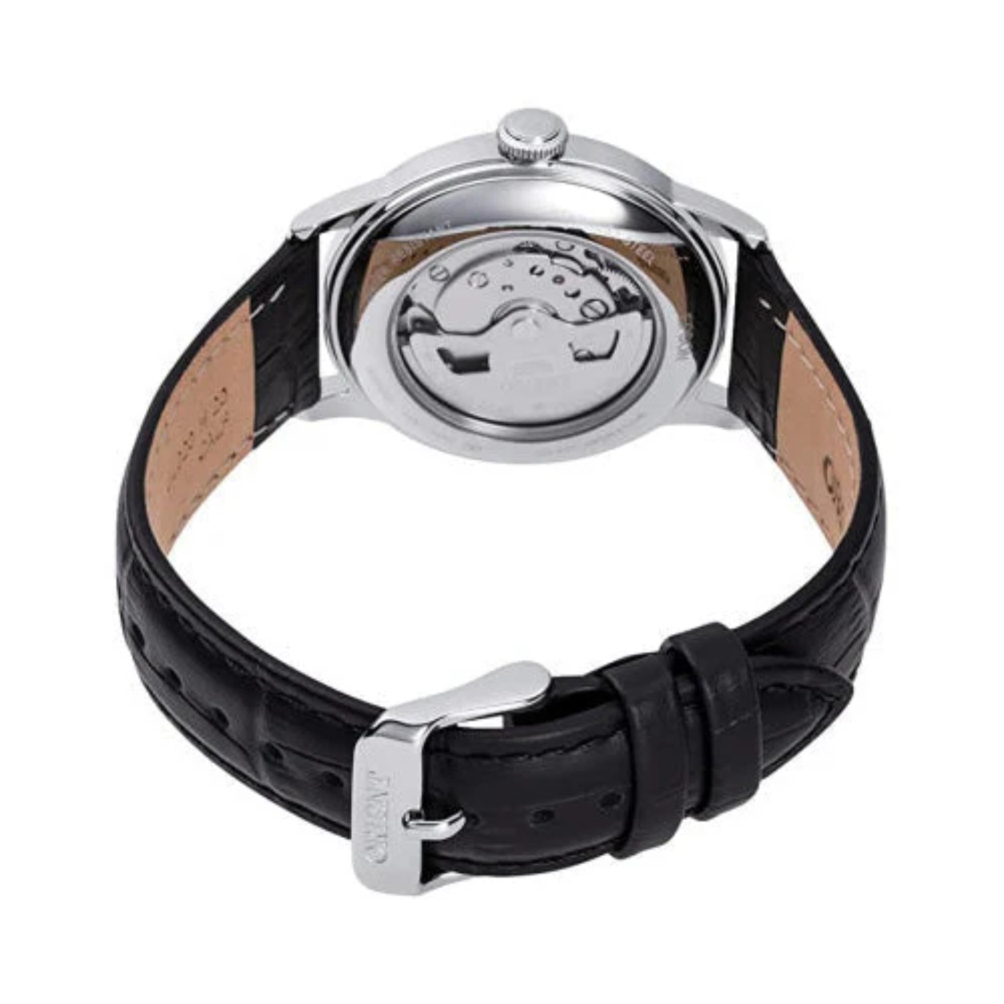 Orient Bambino RA-AC0M02B30B automatic dress watch strap and buckle detail