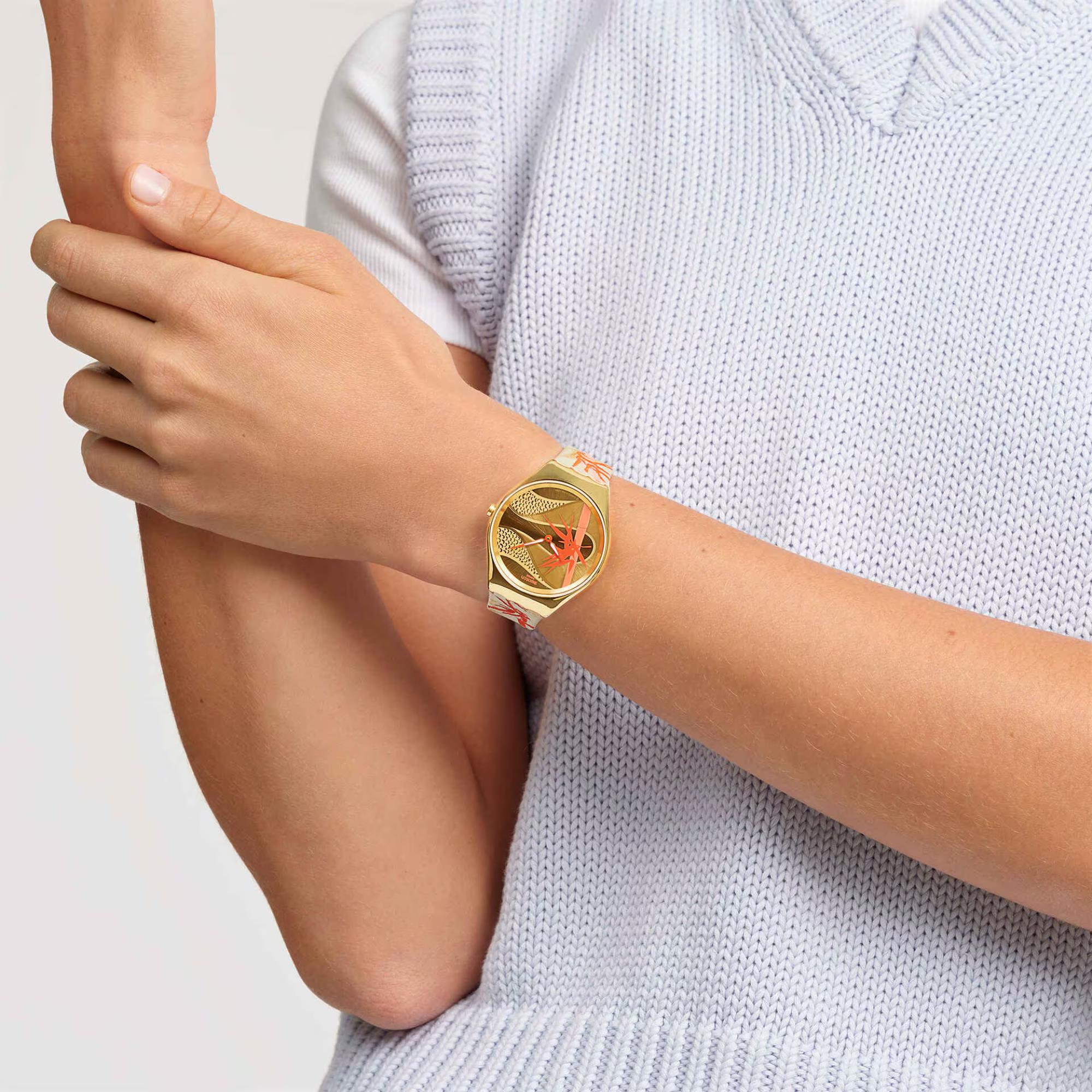 Swatch SKIN Goldenes Rot Bambus Gelbes Zifferblatt Textil/Lederarmband Uhr SYXZ105