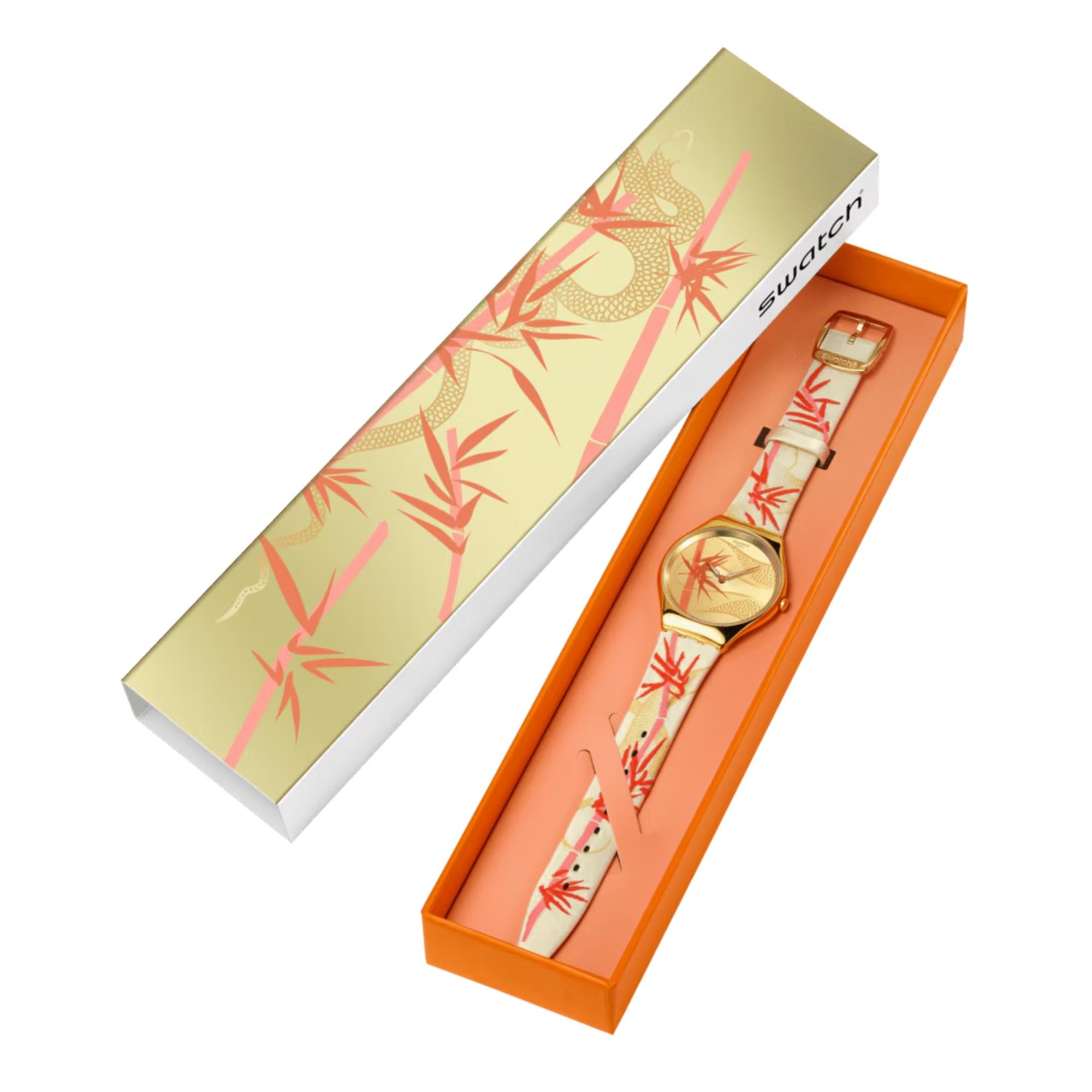 Swatch SKIN Goldenes Rot Bambus Gelbes Zifferblatt Textil/Lederarmband Uhr SYXZ105