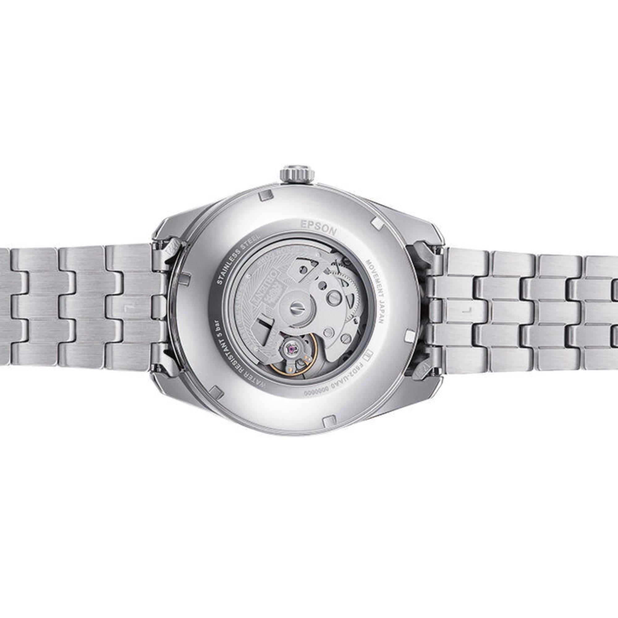 Exhibition caseback of an Orient Multi-Year Calendar automatic watch showing the movement.